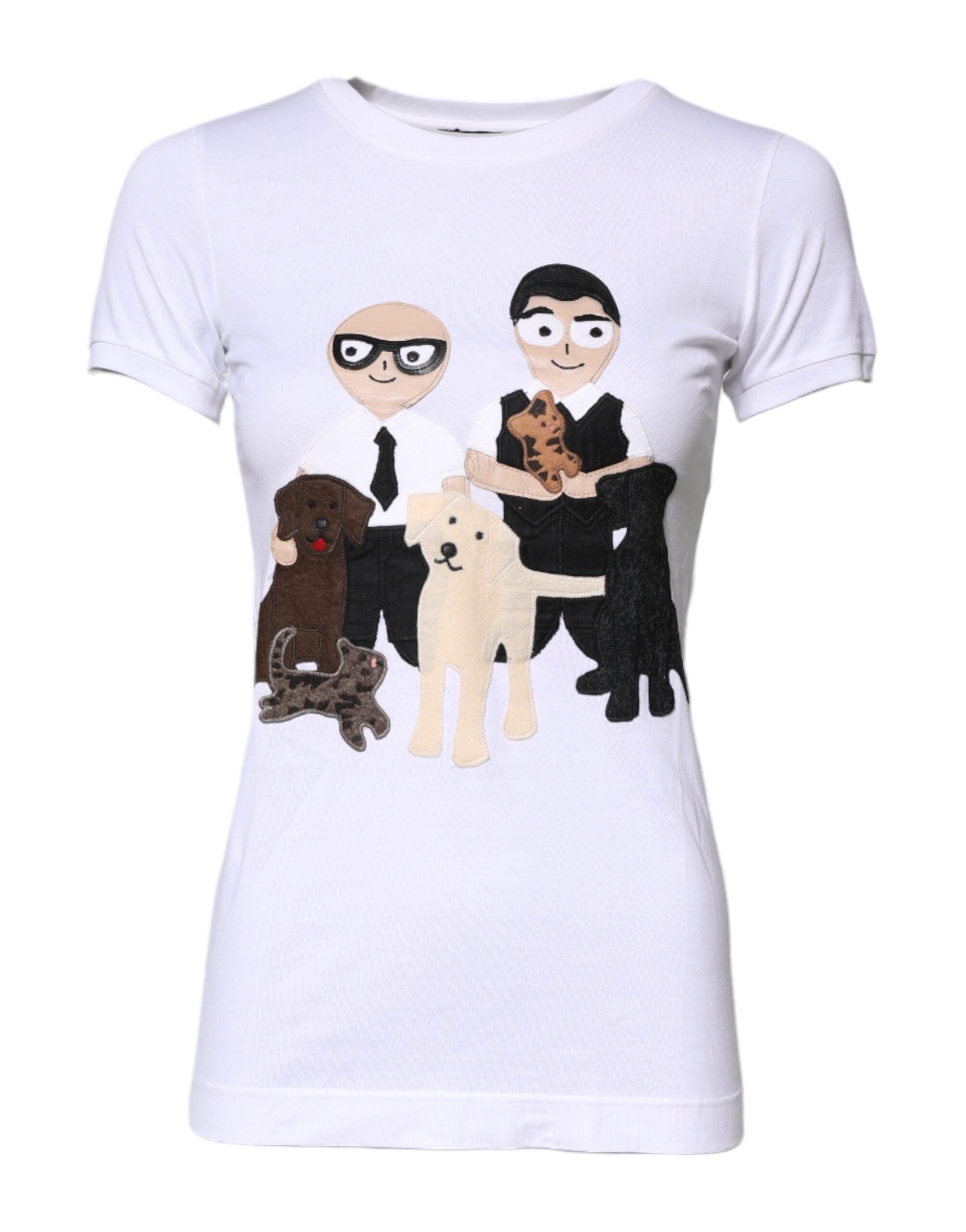 T-shirt blanc en coton Dolce & Gabbana avec broderie #DGFAMILY, vue de face, détails de l embroidery visible.