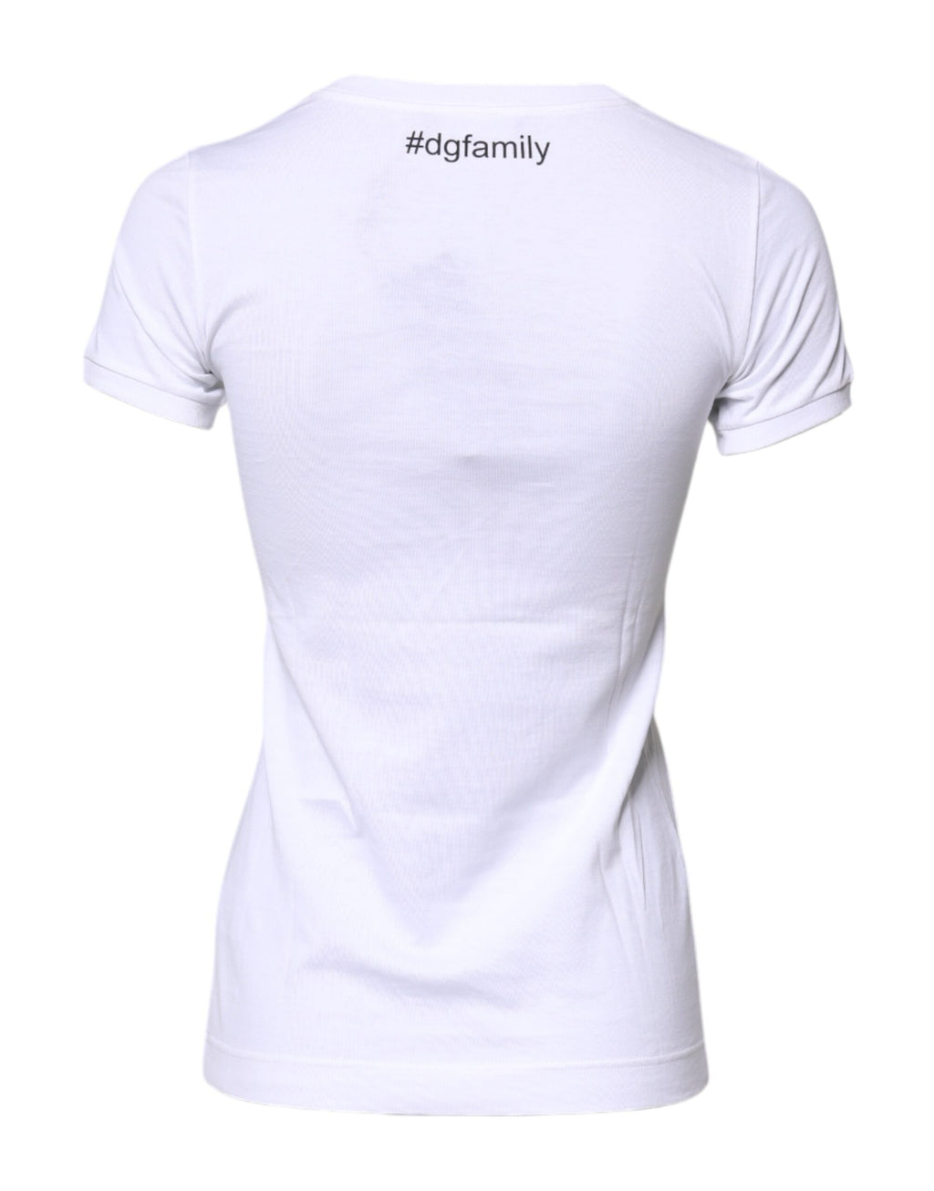 T-shirt blanc en coton Dolce & Gabbana avec broderie #DGFAMILY, vue de face, détails de l embroidery visible.