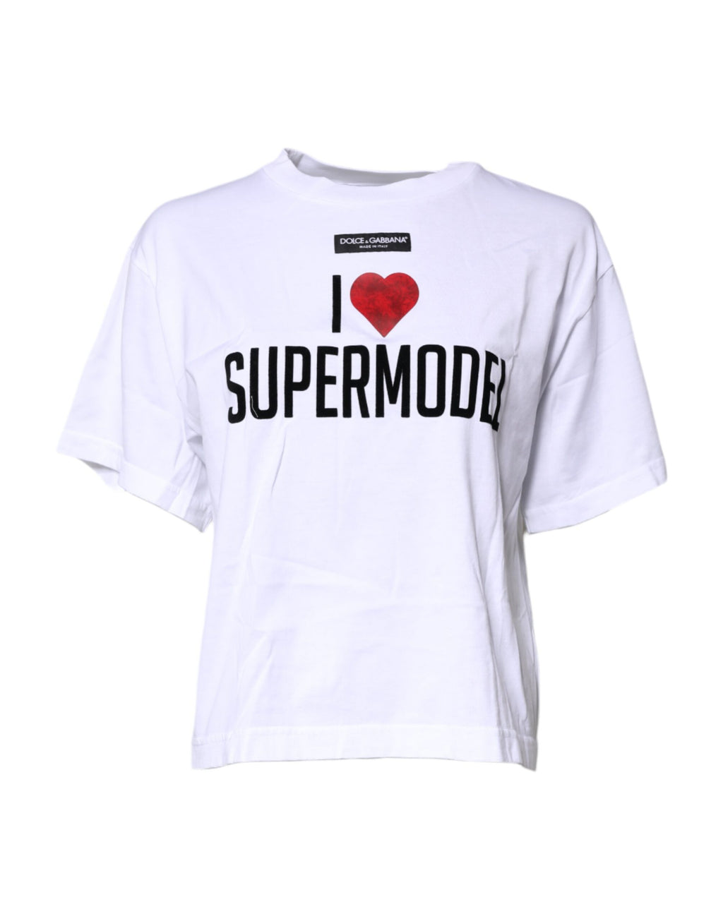 T-shirt blanc Dolce & Gabbana à col rond avec motif imprimé en coton, vue de face.