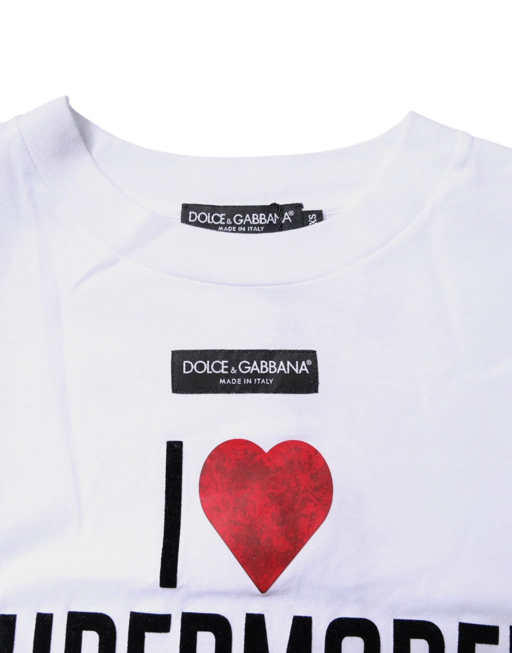 T-shirt en coton blanc imprimé Dolce & Gabbana avec col rond, vue rapprochée du haut à manches courtes.