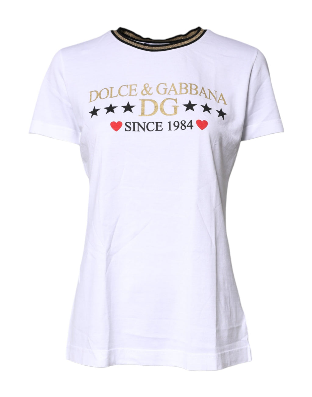 T-shirt blanche Dolce & Gabbana à col rond avec motif imprimé en coton, vue de face.