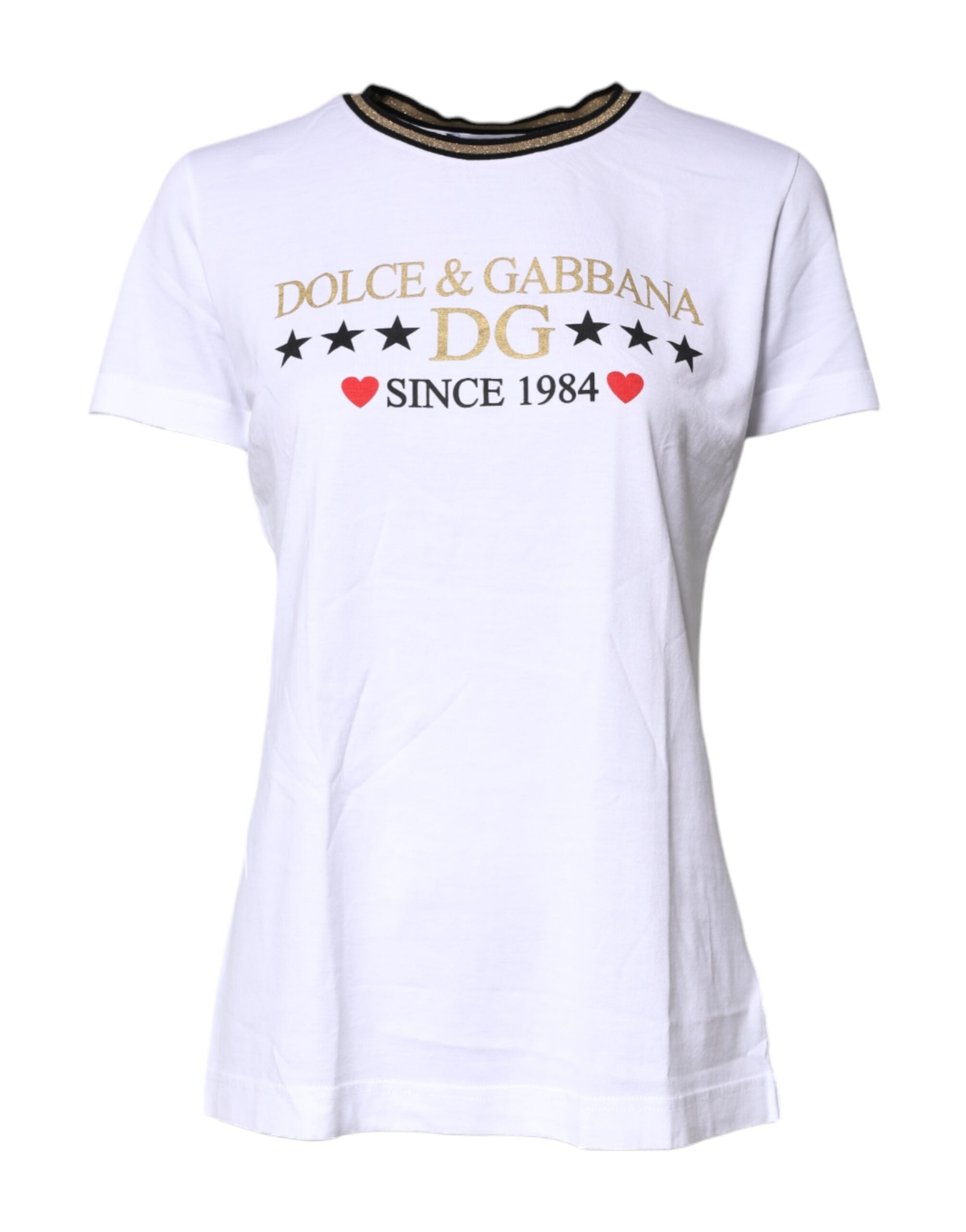 T-shirt blanc Dolce & Gabbana en coton à col rond avec imprimé, vue de face.