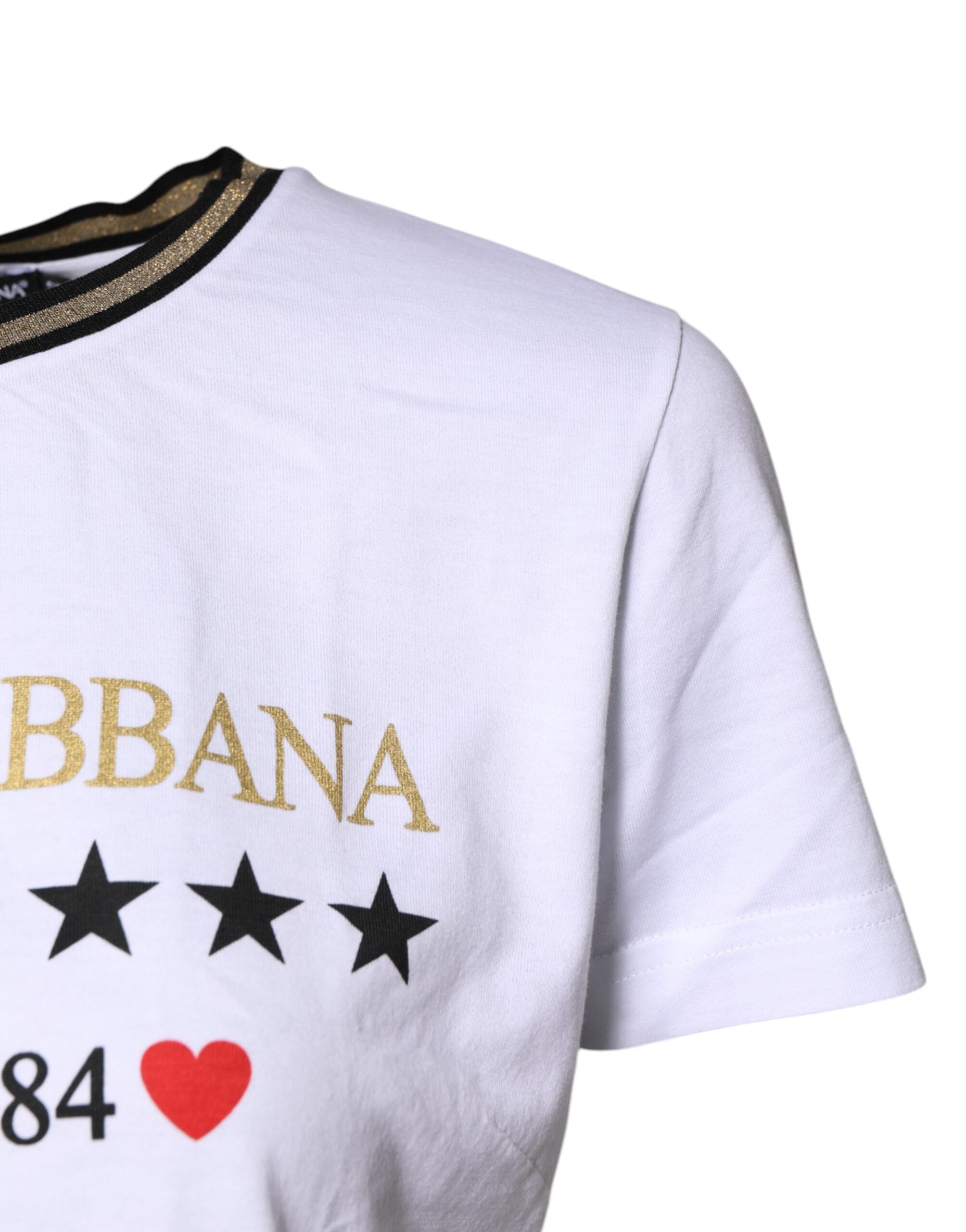 T-shirt blanc imprimé Dolce & Gabbana à col rond en coton, vue de face.