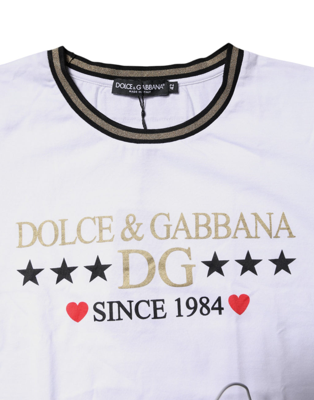 T-shirt blanc imprimé Dolce & Gabbana à col rond en coton, vue de face.