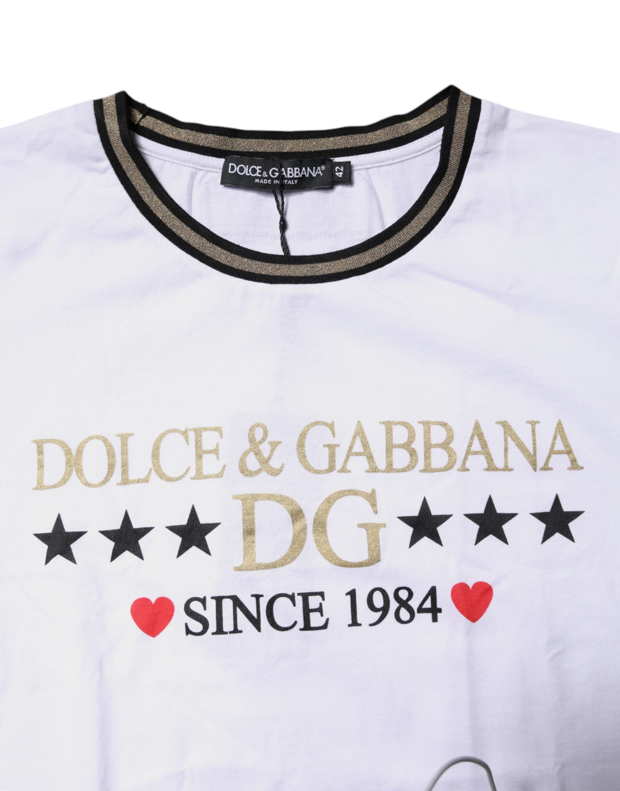 T-shirt blanc imprimé Dolce & Gabbana à col rond en coton, vue de face.