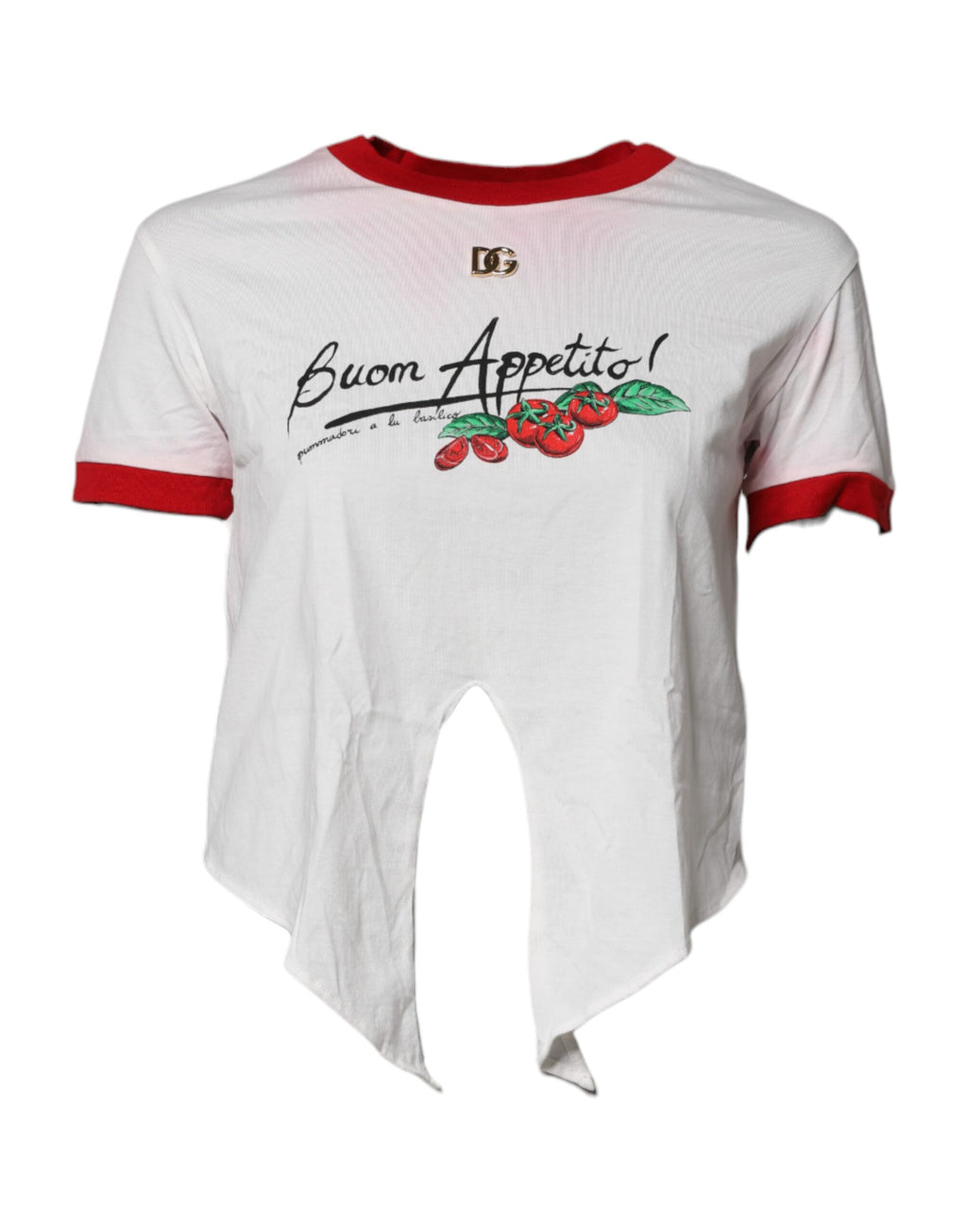 T-shirt blanc Dolce & Gabbana à col rond, coupe courte, imprimé floral, en coton, vue de face.