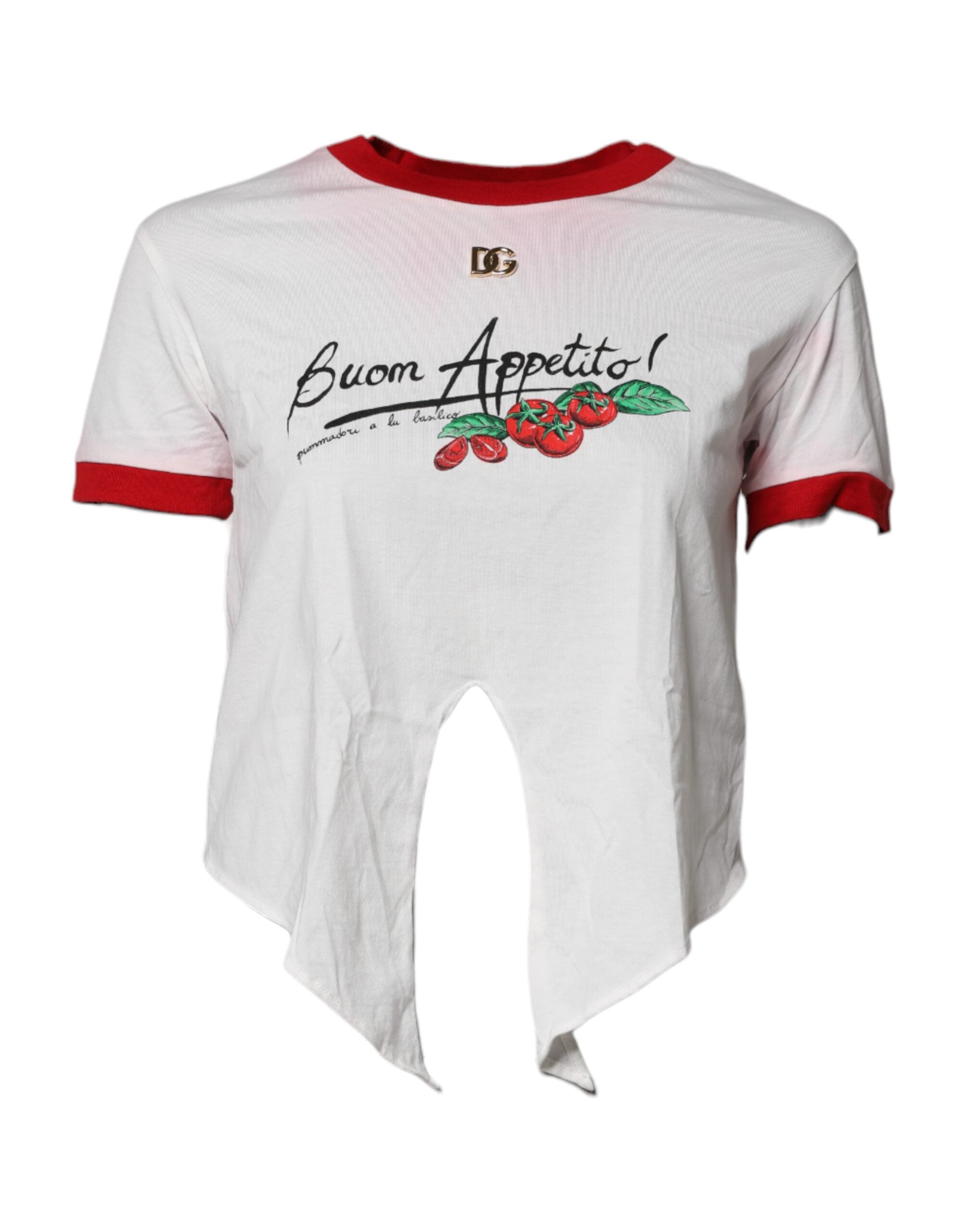 T-shirt Dolce & Gabbana blanc avec imprimé, col rond, coupe courte, porté sur un mannequin.