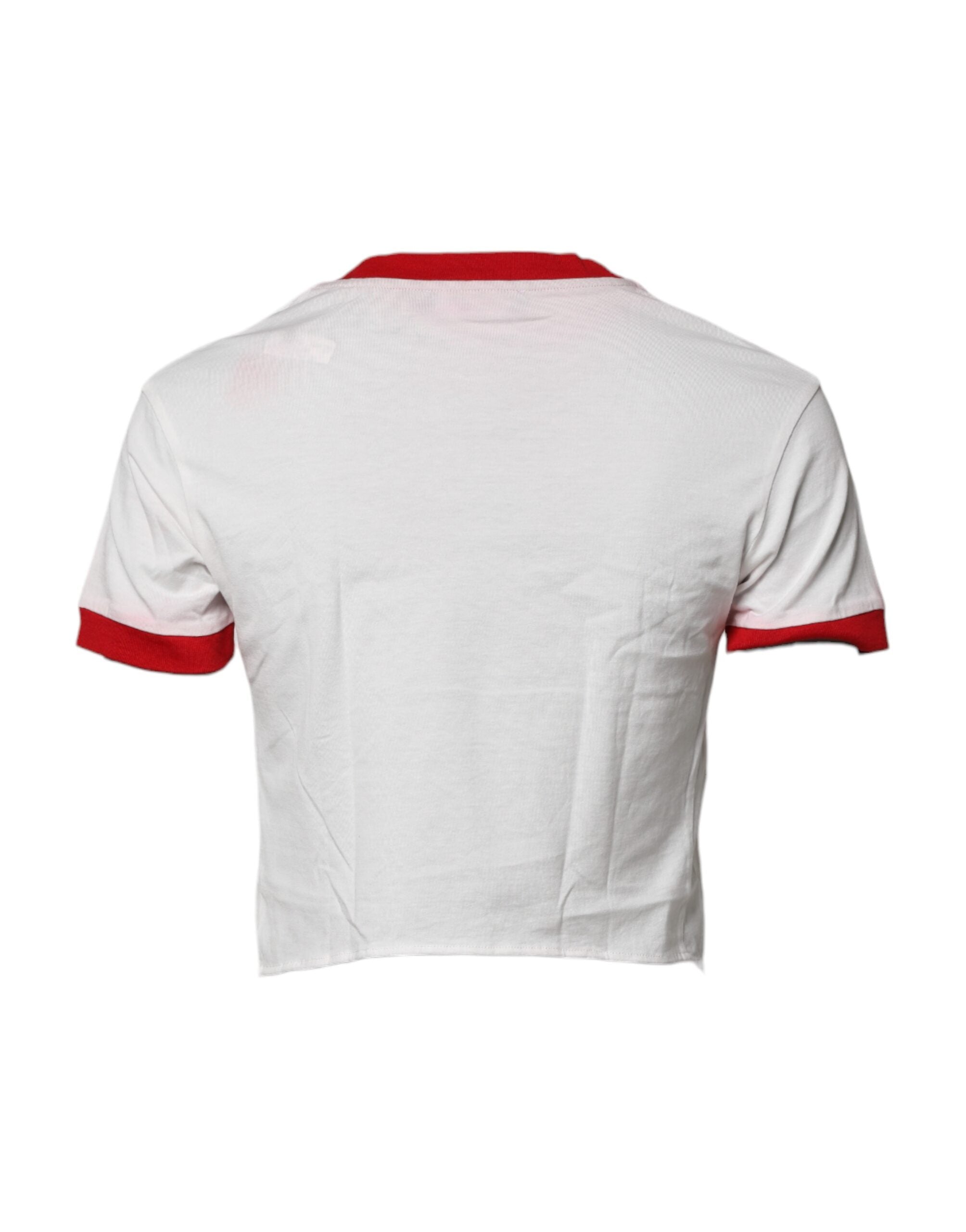 T-shirt blanc imprimé Dolce & Gabbana à col rond et coupe courte, mode féminine élégante et tendance.