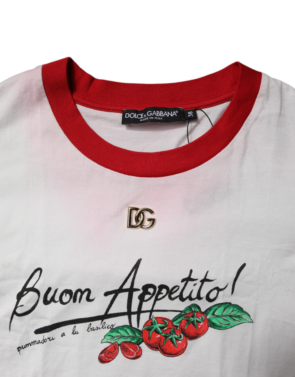 T-shirt cropé blanc Dolce & Gabbana avec imprimé rond, col rond, tissu léger et style élégant.