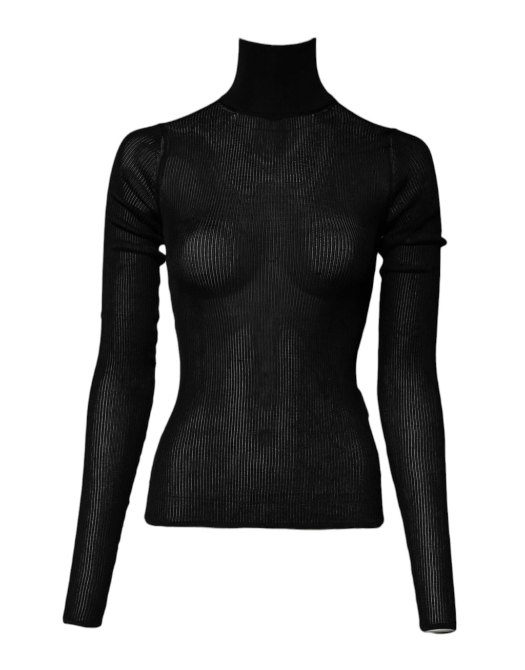 Pull à col roulé noir Dolce & Gabbana en maille fine à manches longues, coupe slim, porté sur un mannequin.