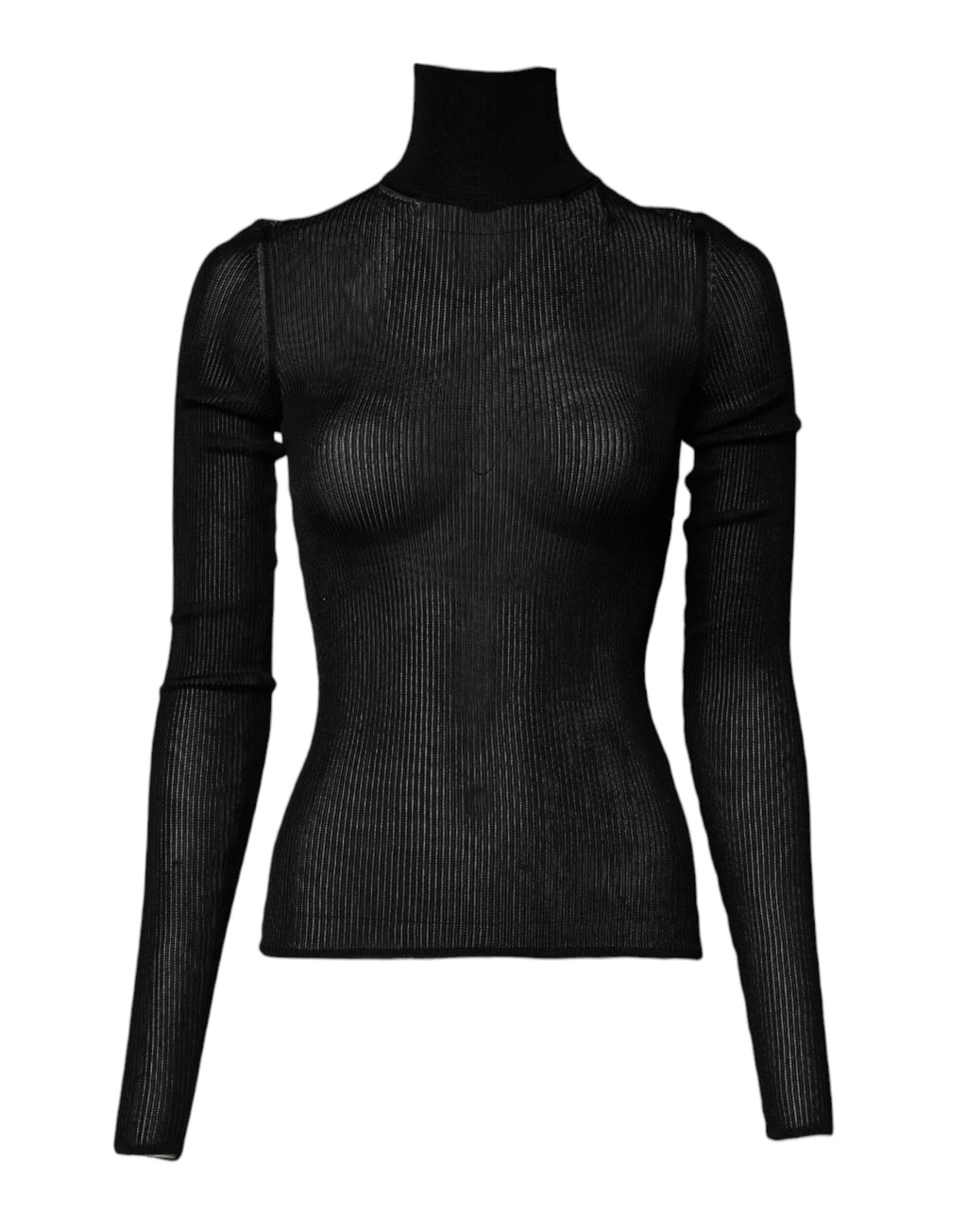 Pull noir à manches longues et col roulé Dolce & Gabbana, coupe slim, en maille douce, porté par un mannequin.