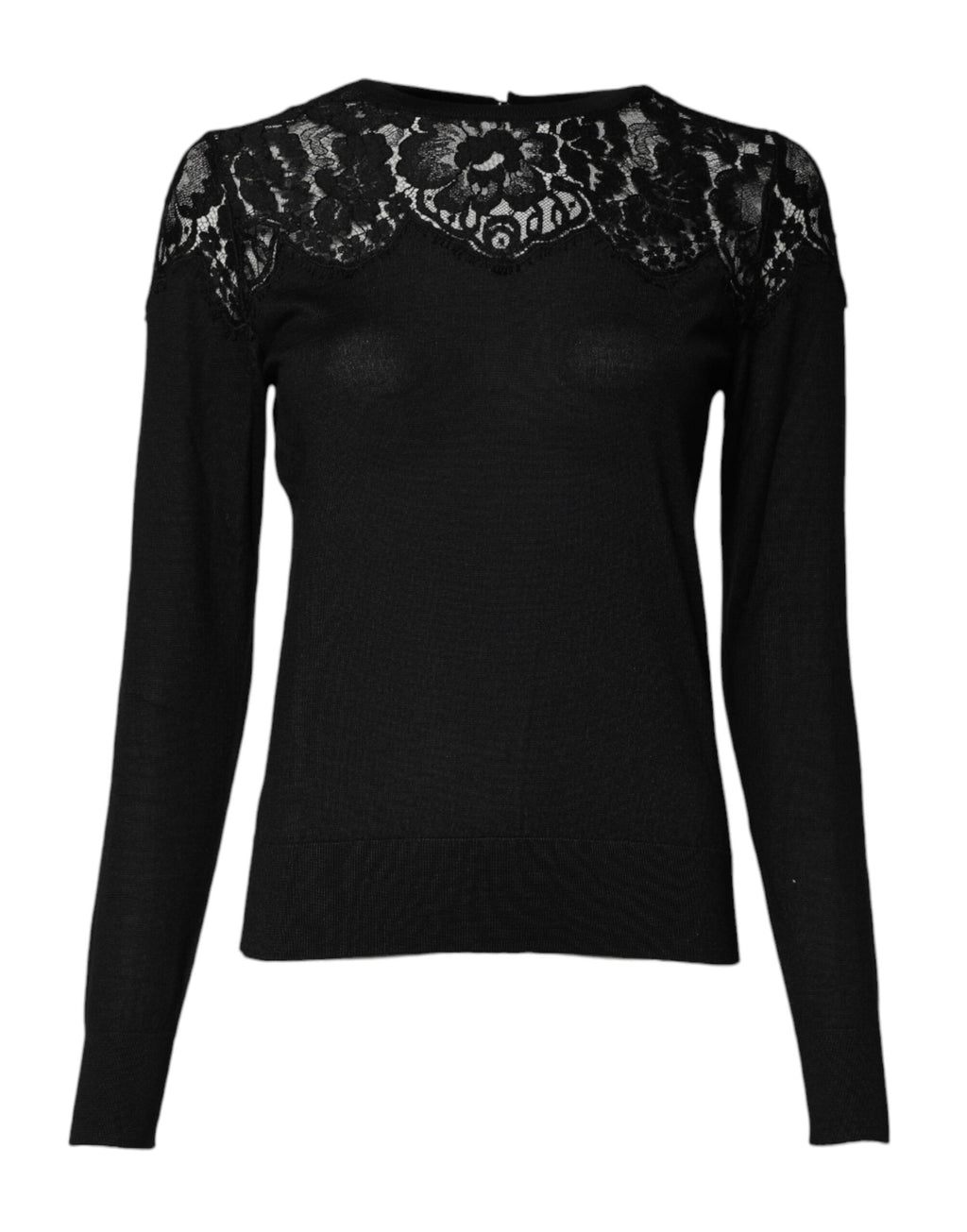 Blouse noire Dolce & Gabbana à manches longues avec dentelle florale élégante, style sophistiqué et féminin.
