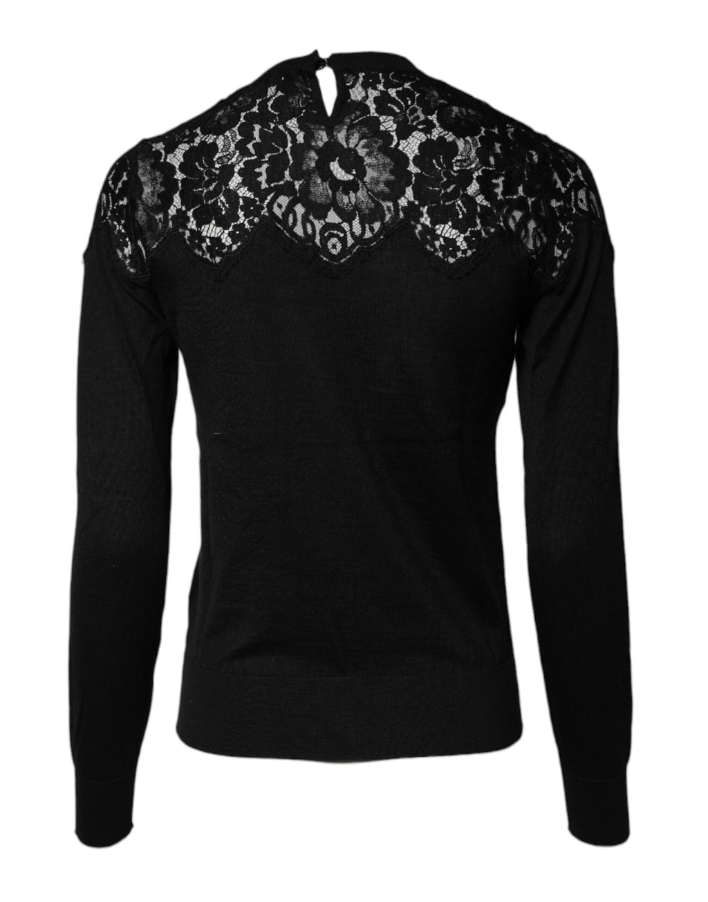 Blouse noire à manches longues Dolce & Gabbana avec dentelle florale élégante, ajustée et sophistiquée.