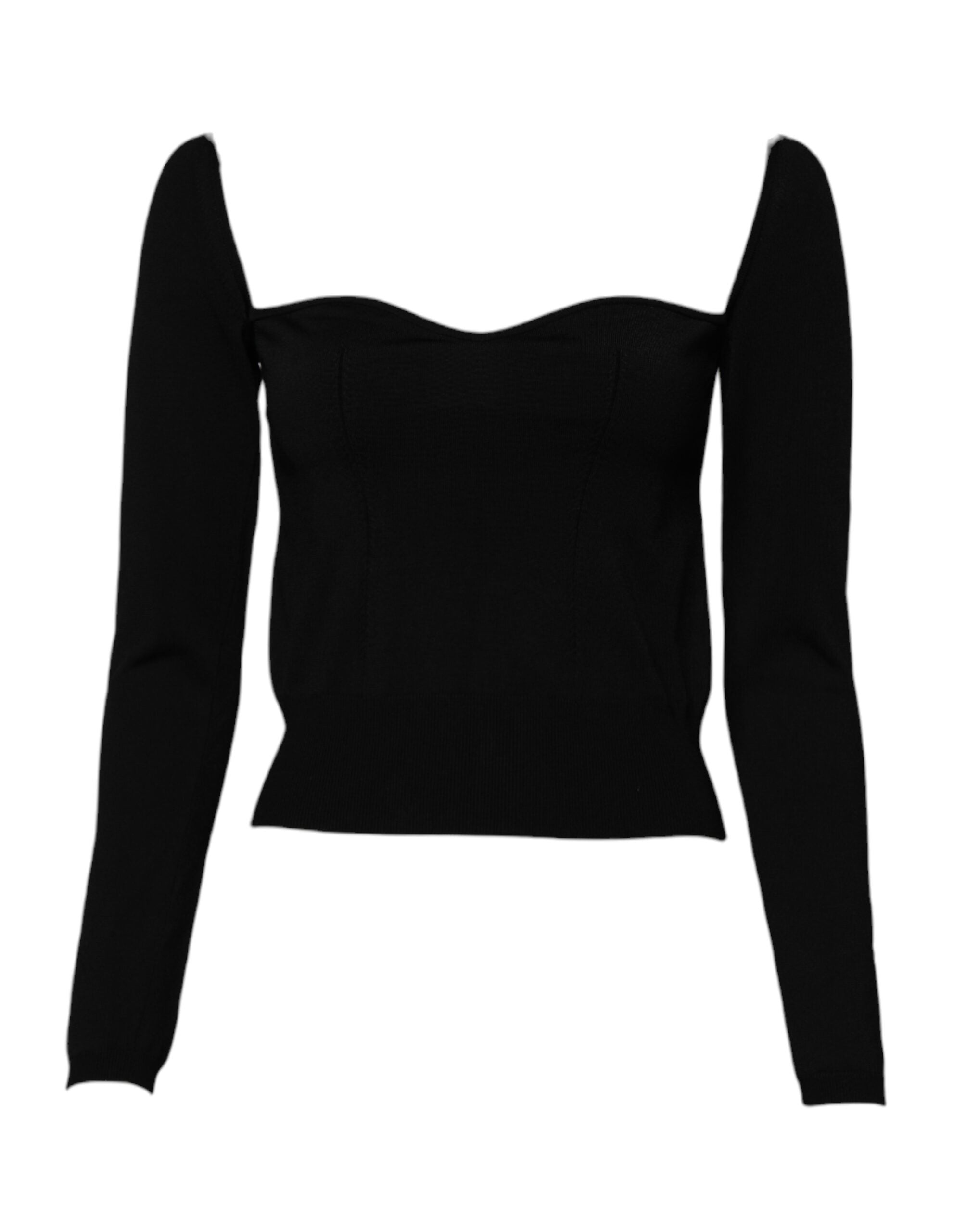 Pull noir Dolce & Gabbana avec col carré et manches longues, en tissu doux, porté sur un mannequin.