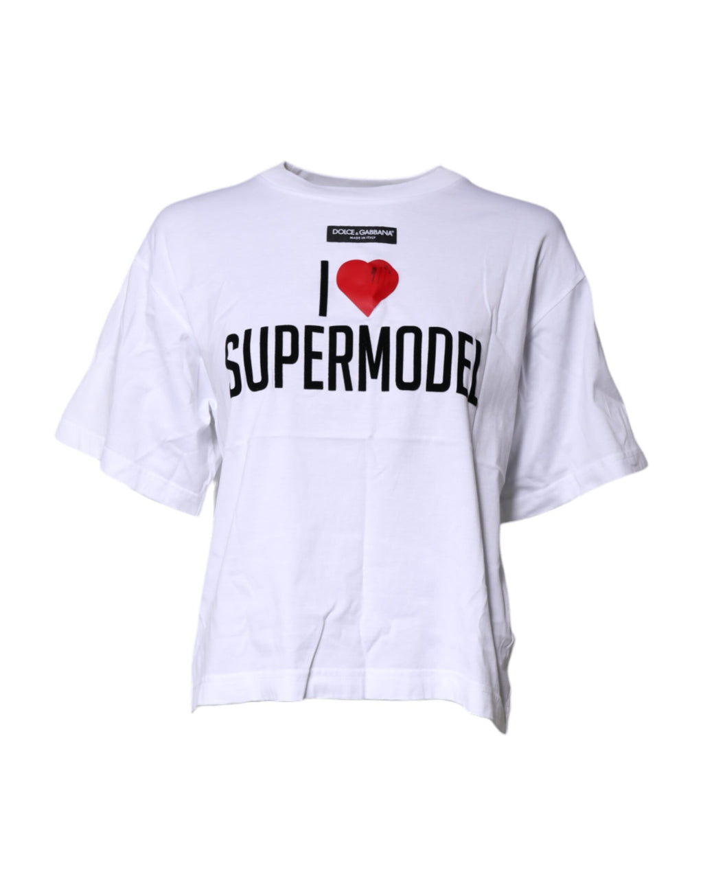 T-shirt blanc Dolce & Gabbana à col rond avec motif imprimé, en coton, vue de face.