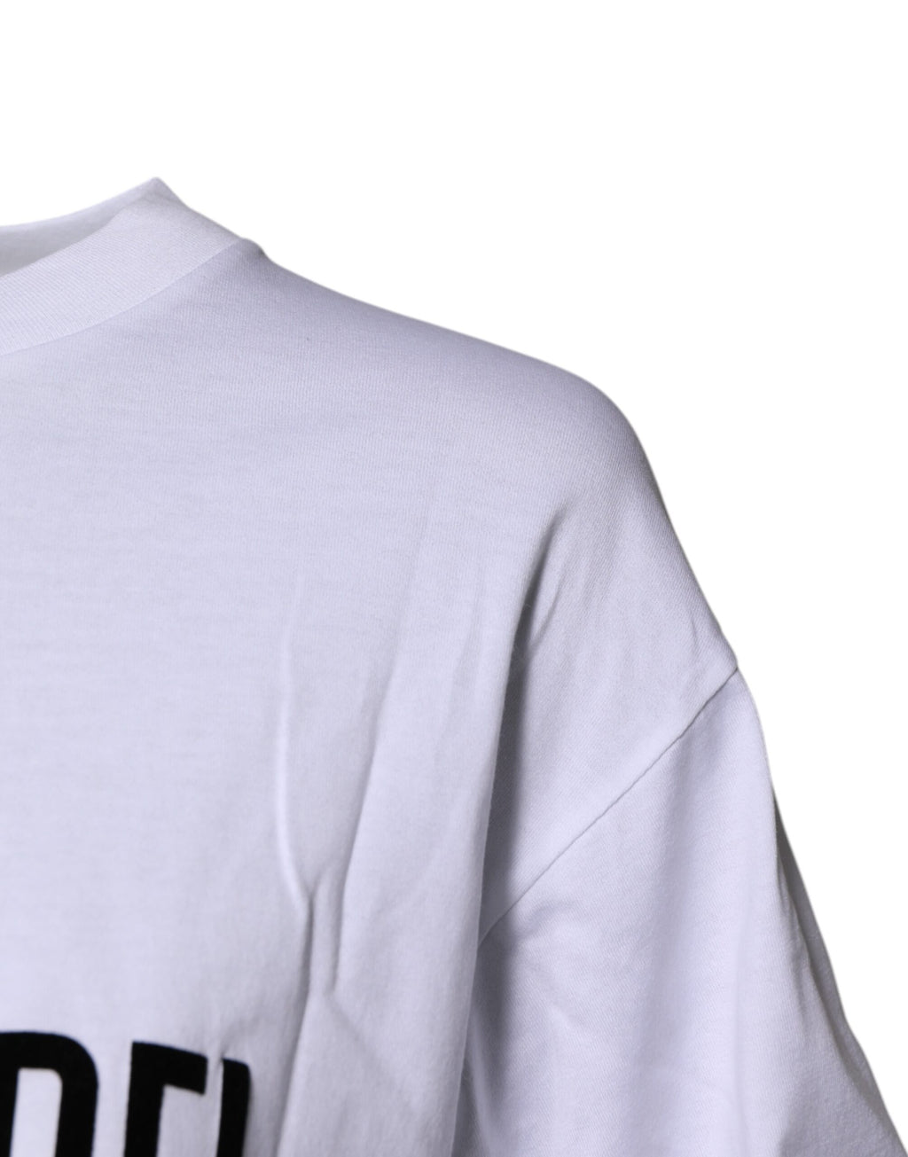 T-shirt blanc imprimé Dolce & Gabbana en coton, col rond, vue de face, détail du design sur le haut.