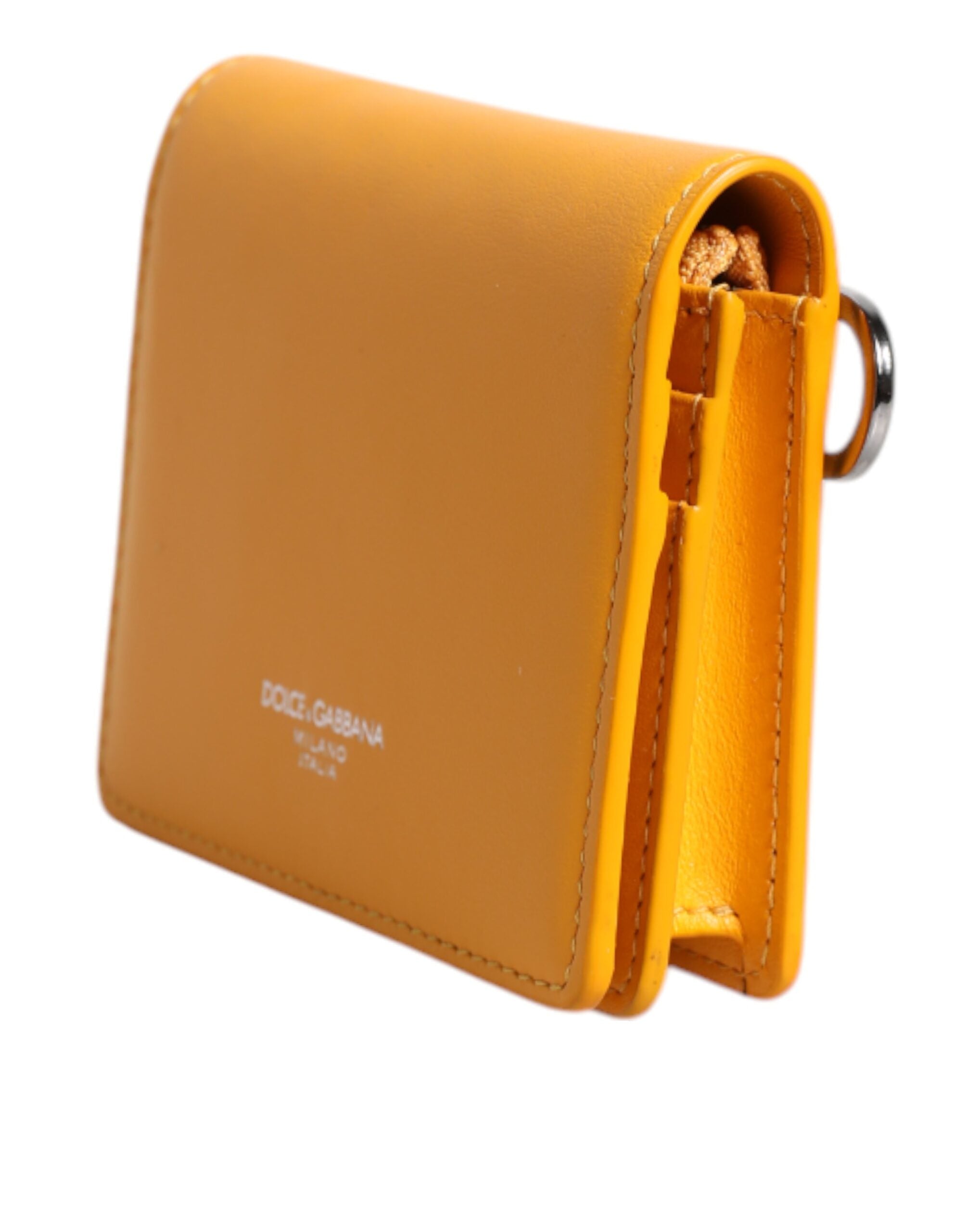 Portefeuille bifold en cuir jaune Dolce & Gabbana avec bandoulière, vue de face.