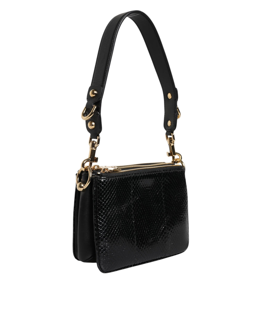 Sac pochette Dolce & Gabbana en cuir exotique noir porté en bandoulière, élégant et sophistiqué.