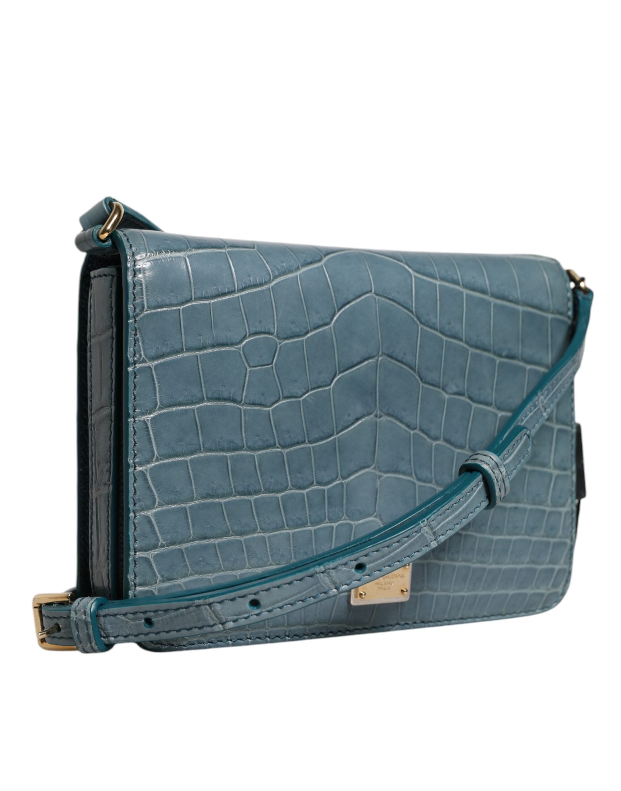 Mini sac à bandoulière Dolce & Gabbana en cuir exotique vert avec plaque DG, style élégant et tendance.