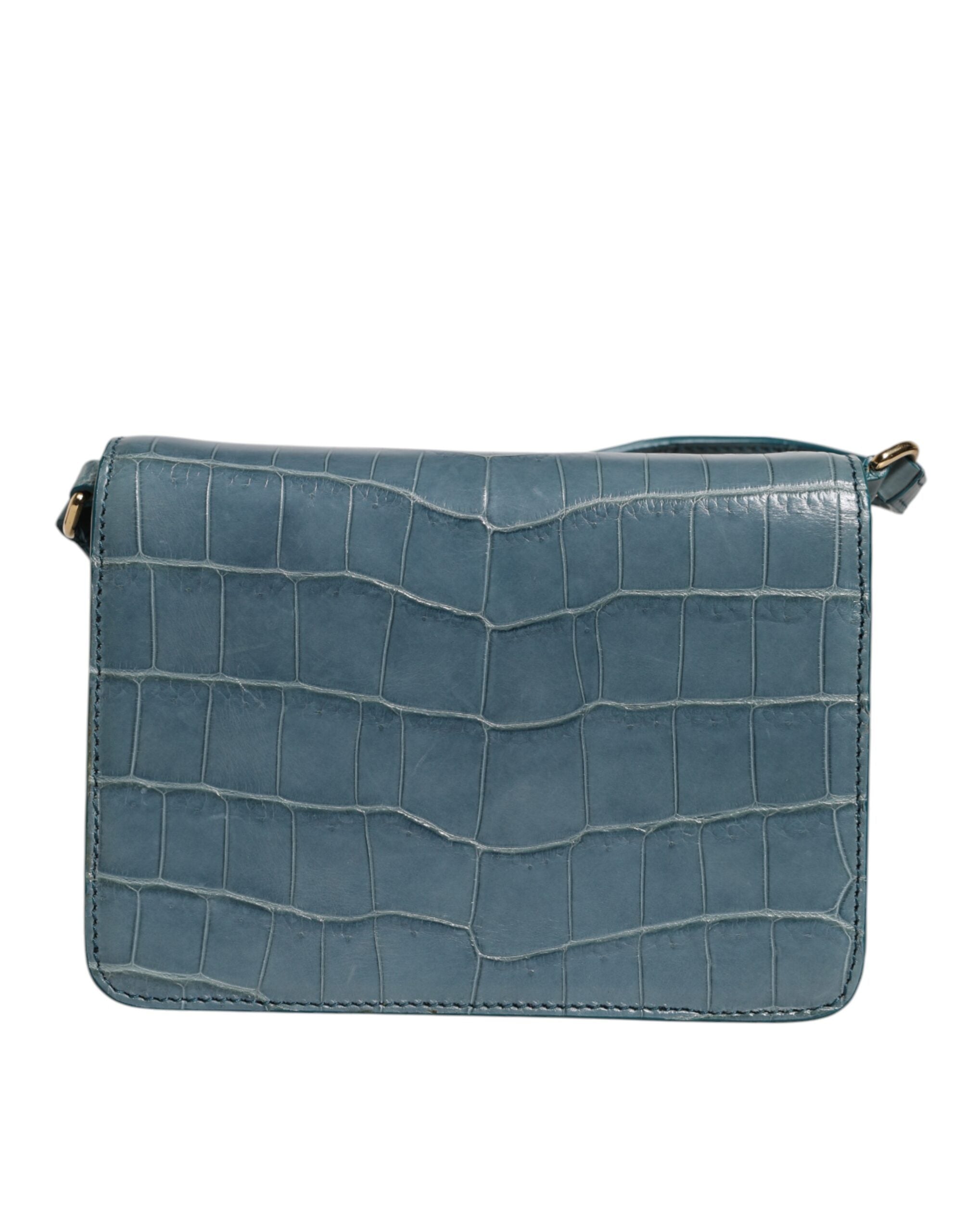 Mini sac bandoulière Dolce & Gabbana en cuir exotique vert avec plaque DG, design élégant et compact.