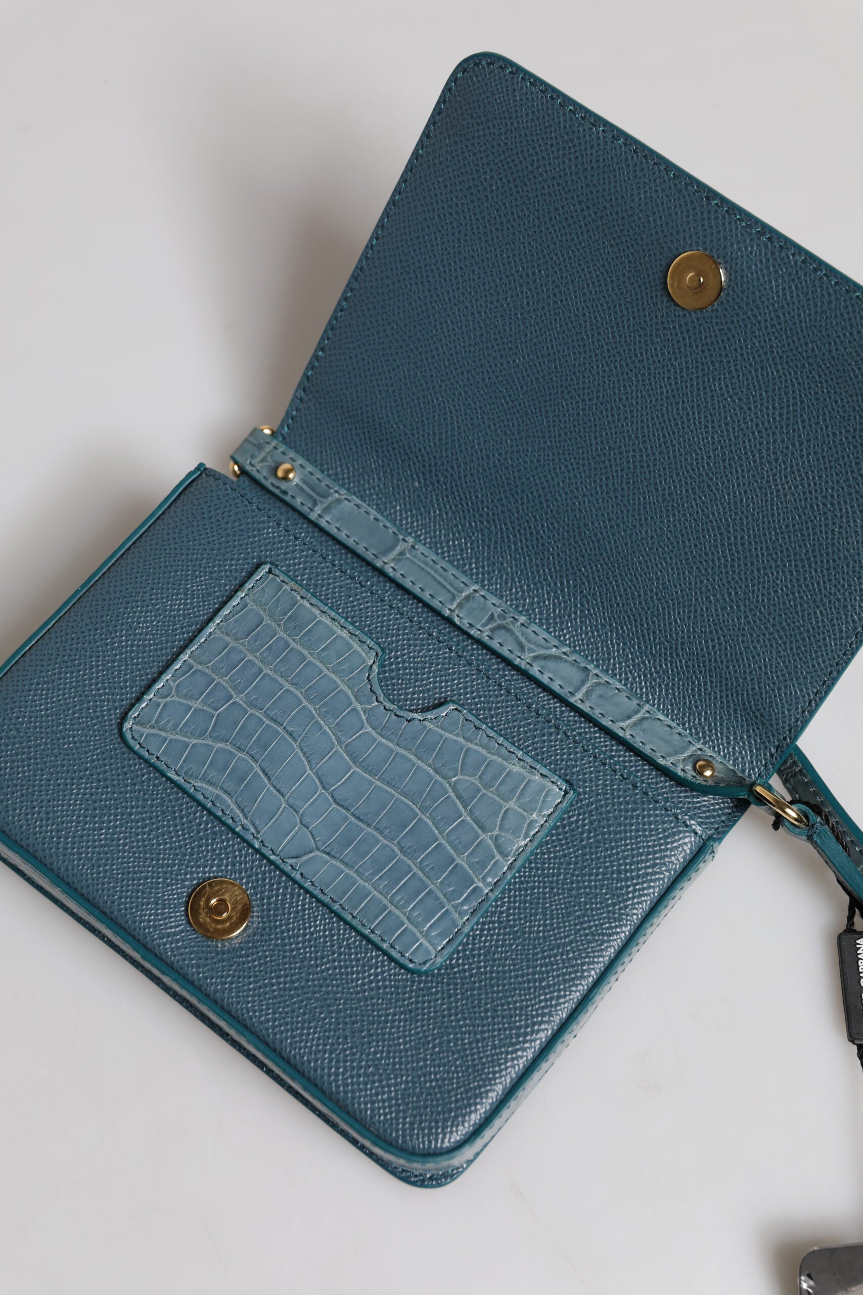 Mini sac bandoulière Dolce & Gabbana en cuir exotique vert avec plaque DG, design élégant et tendance.