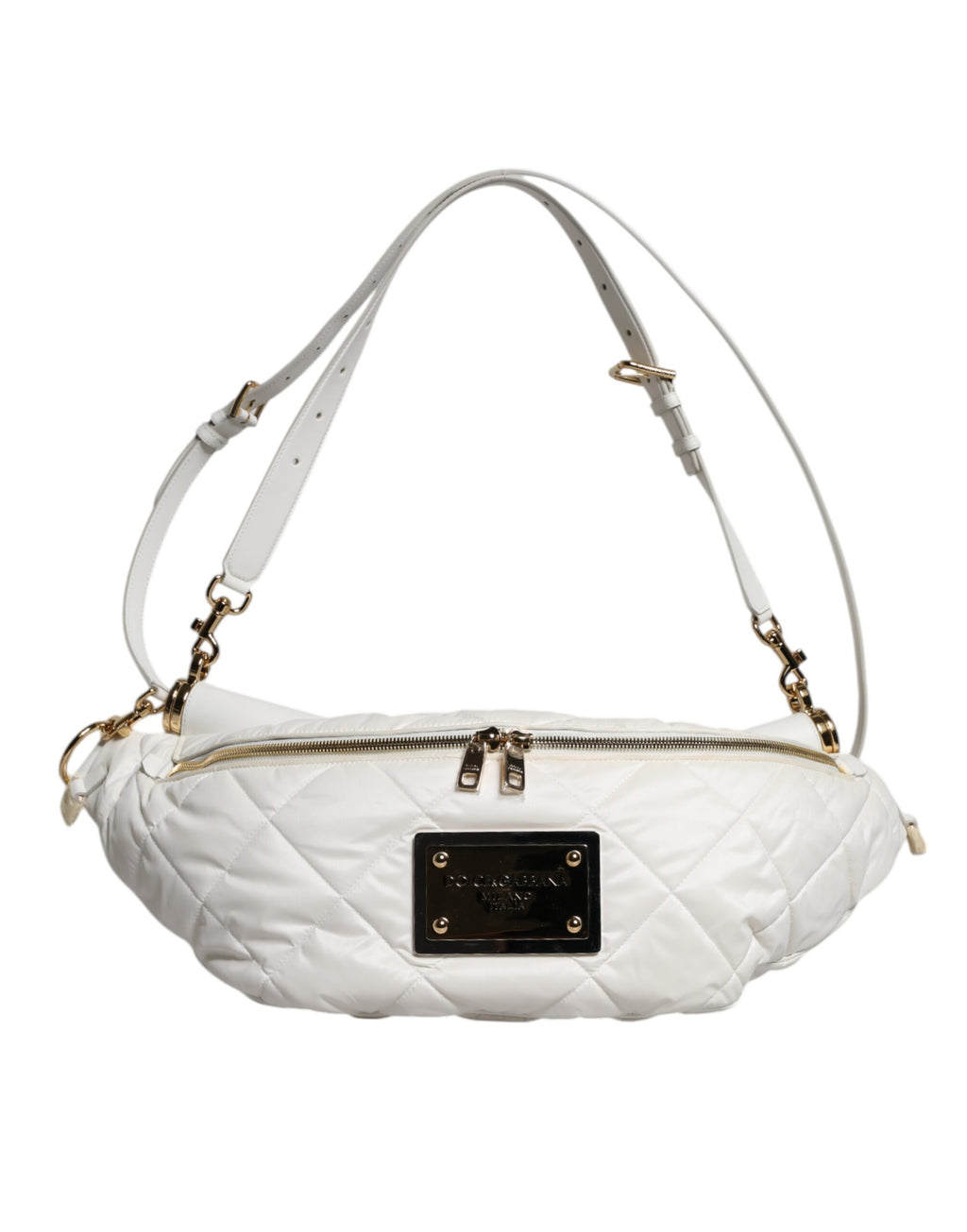 Sac banane Dolce & Gabbana blanche en cuir matelassé avec logo, poche frontale et boucle ajustable, style élégant et pratique.