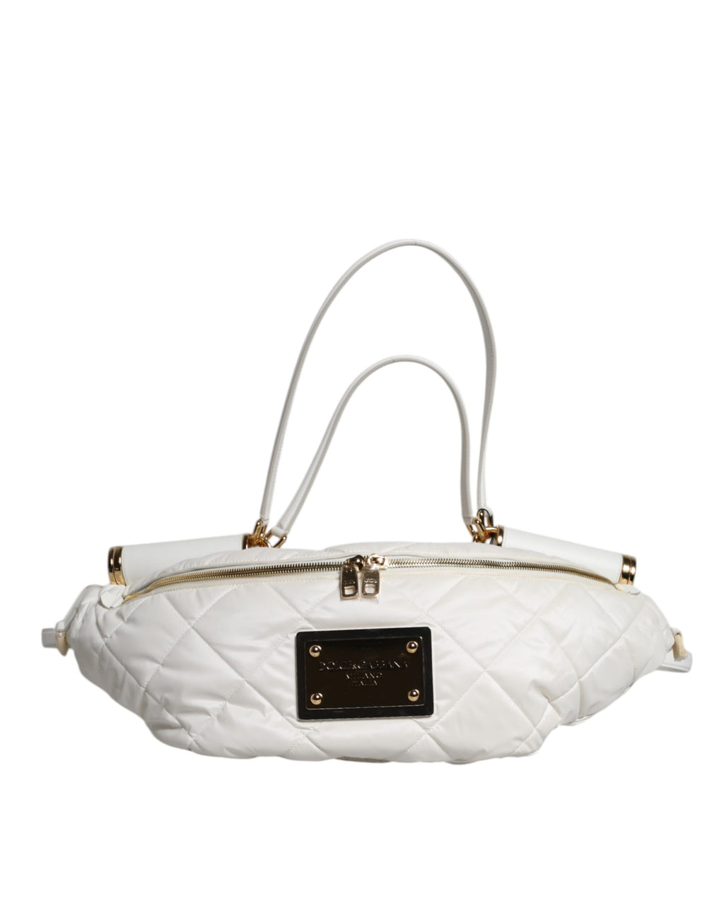 Sac banane Dolce & Gabbana en cuir blanc avec logo quilté et plaque, ceinture ou sac banane tendance et élégante.