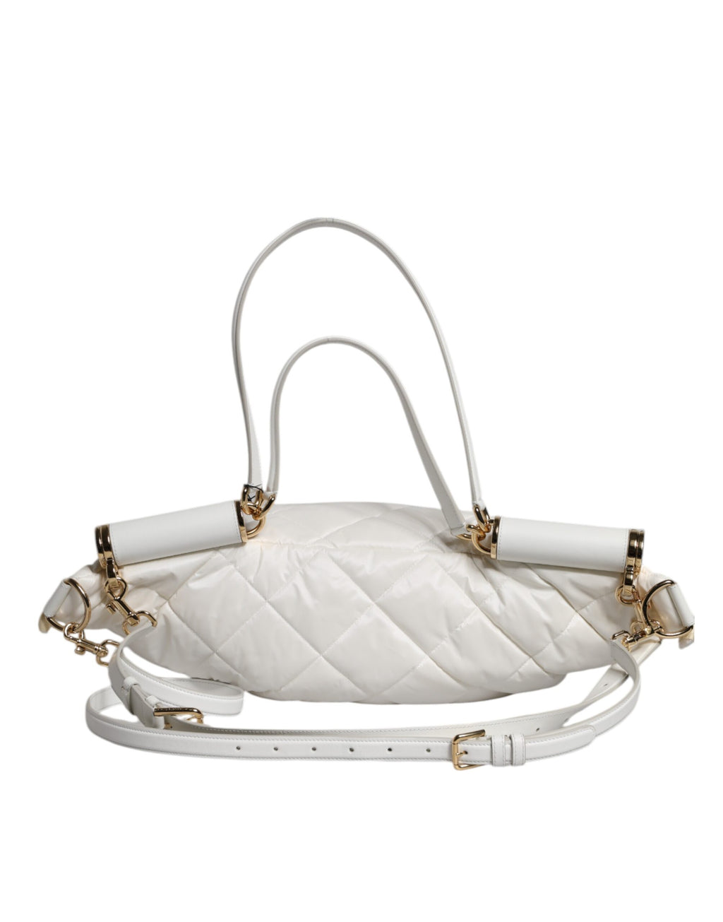 Sac banane Dolce & Gabbana blanc en similicuir matelassé avec logo, ceinture à plaque, pour un style chic et pratique.