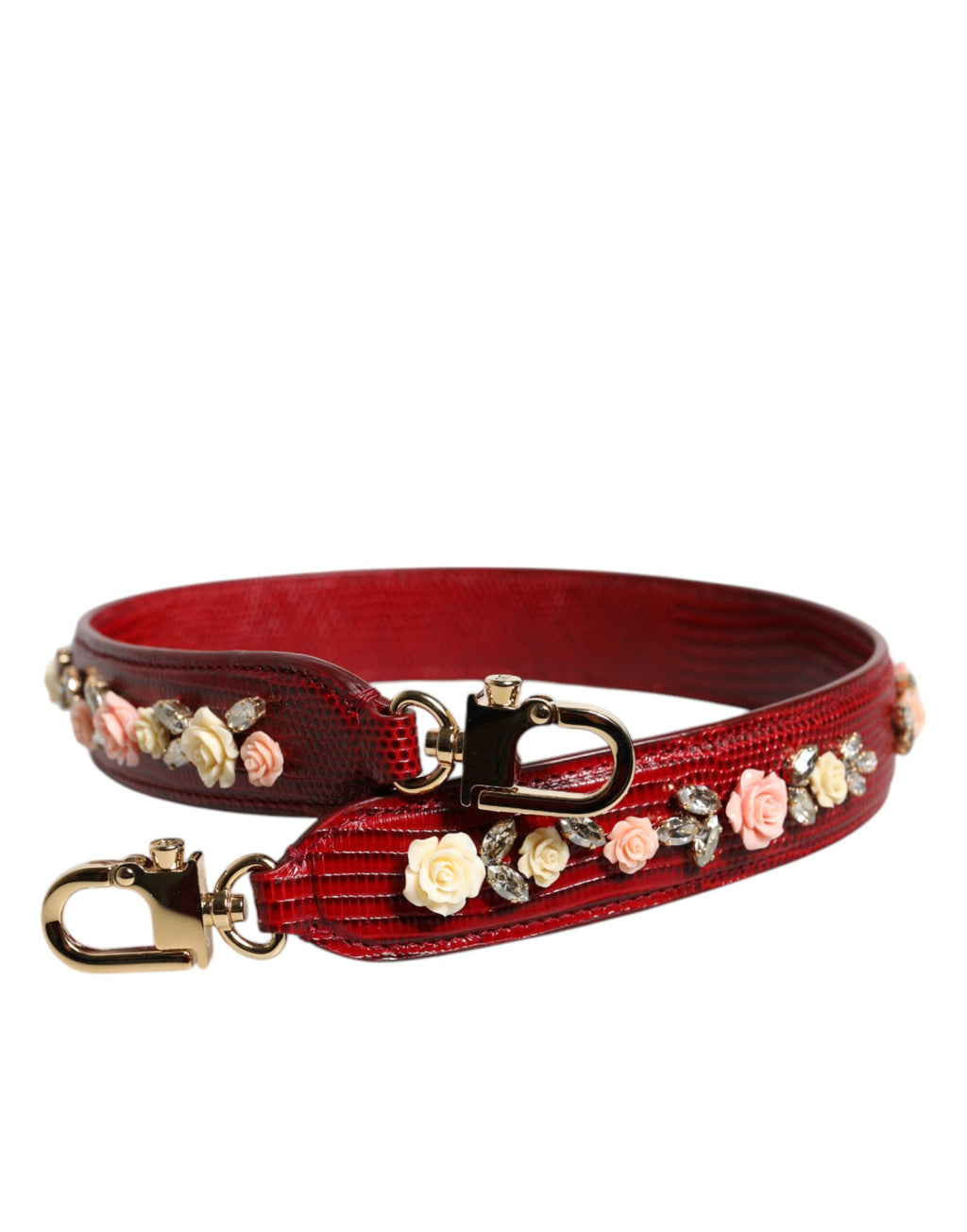 Sangle d'épaule en cuir rouge avec embellissements floraux pour sac Dolce & Gabbana, détails élégants visibles.