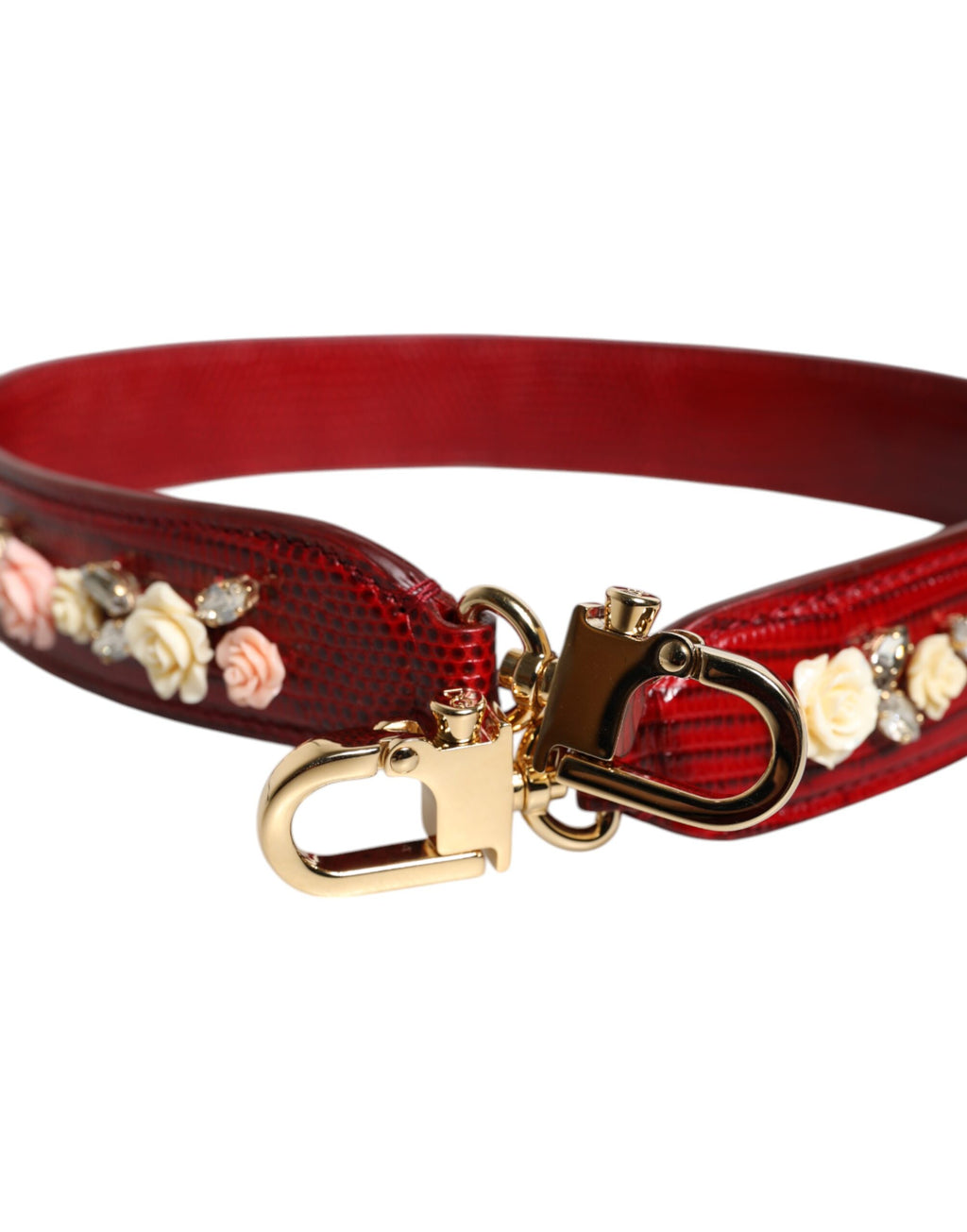 Sangle d'épaule en cuir rouge avec embellissements floraux pour sac Dolce & Gabbana, élégante et ornée de détails floraux.