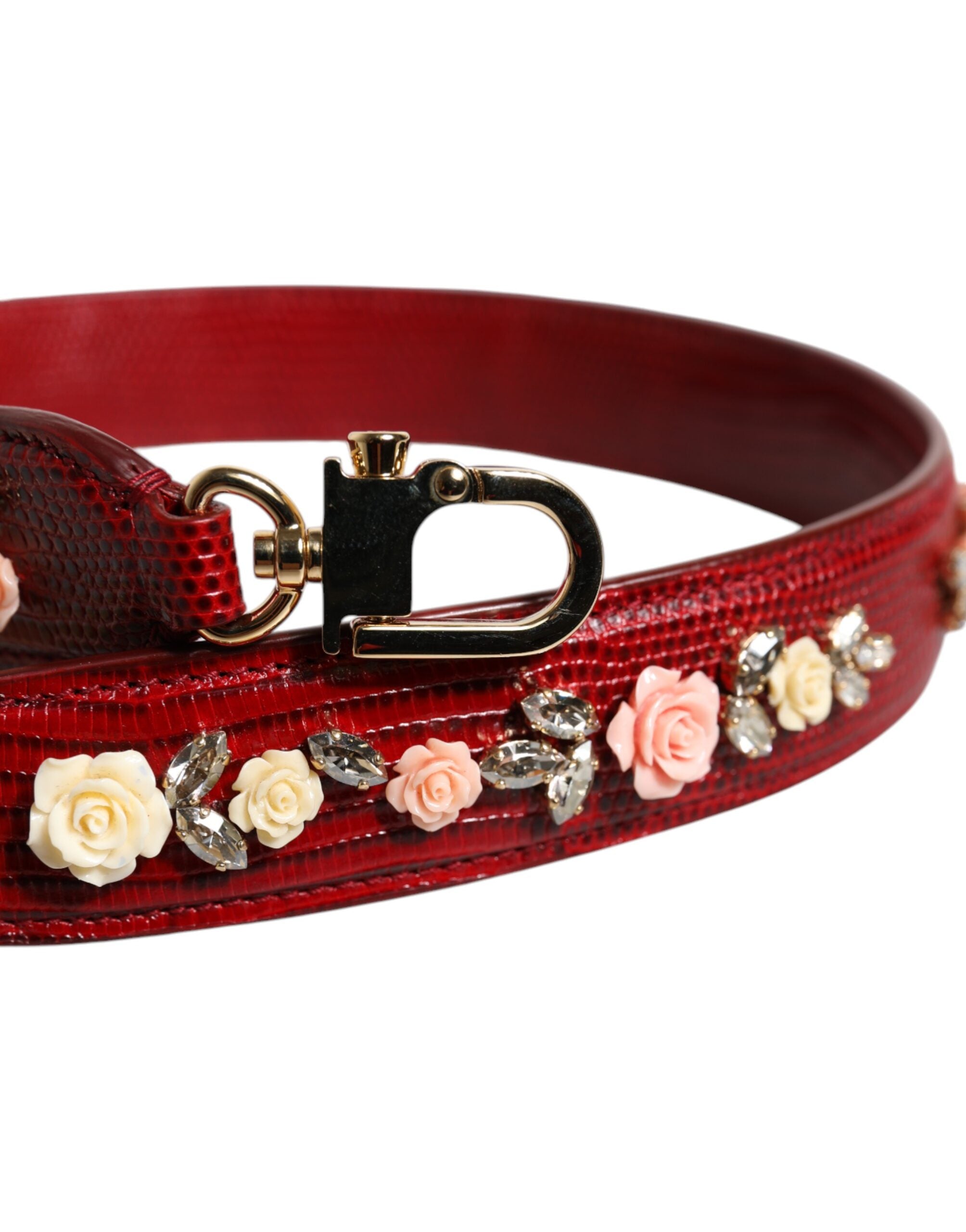Sangle d'épaule en cuir rouge Dolce & Gabbana avec embellissements floraux pour sac à main.