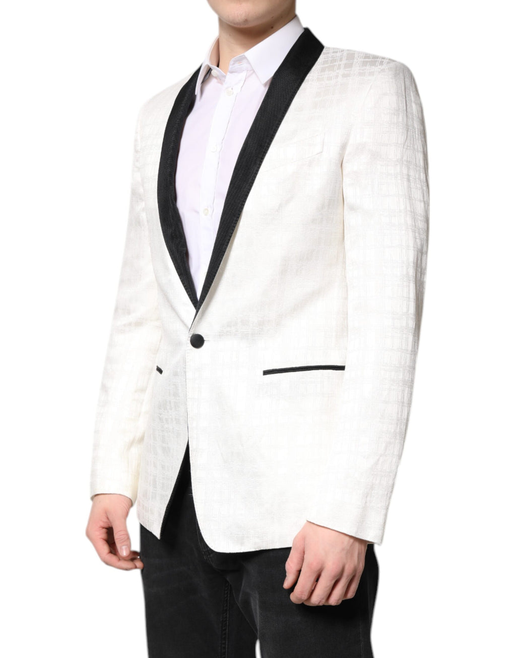 Blazer Dolce & Gabbana blanc et noir à simple boutonnage, veste de costume élégante pour femme.