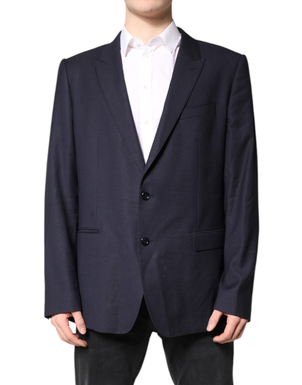 Manteau blazer noir en laine Dolce & Gabbana à boutonnière simple, vue de face sur fond neutre.