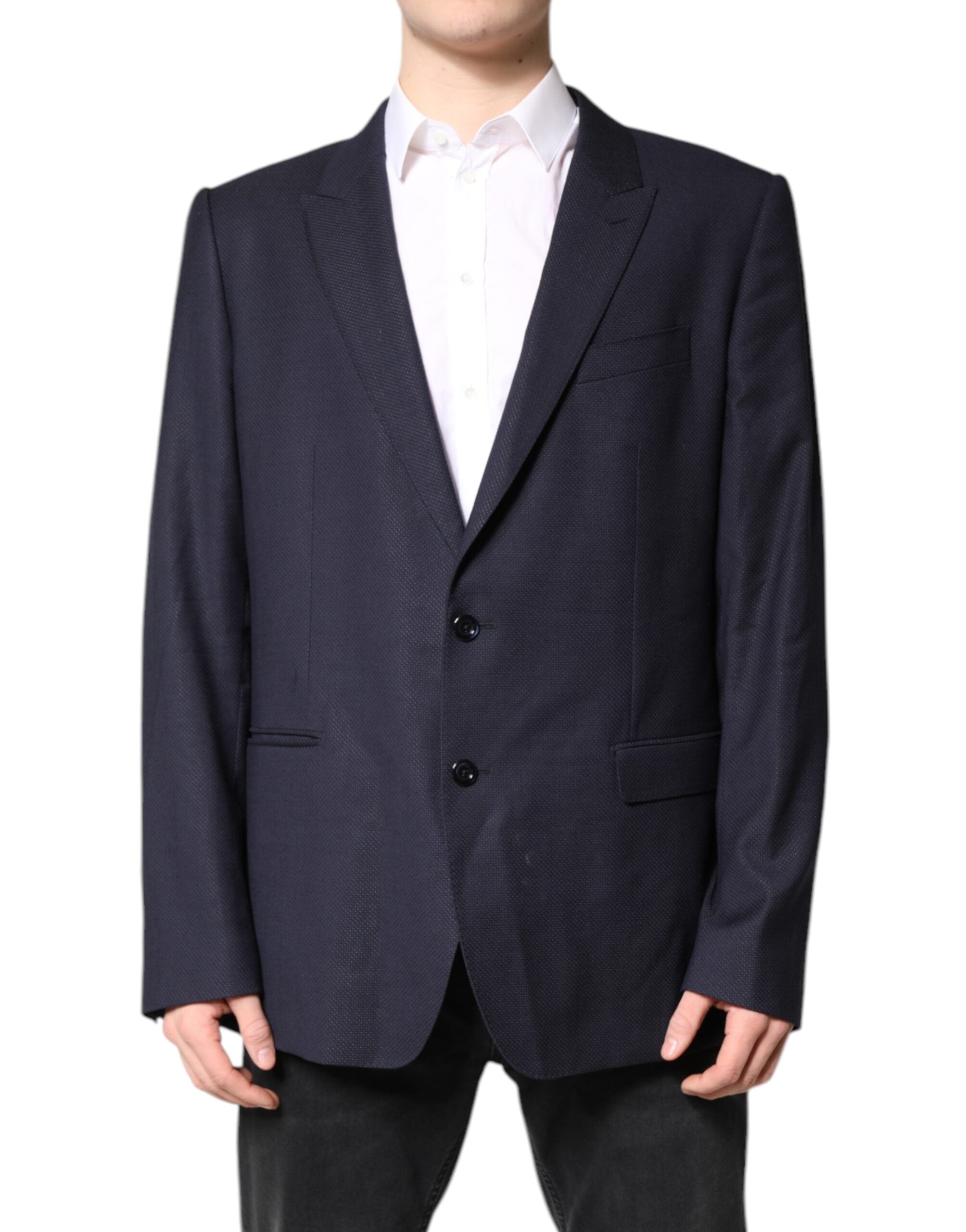 Manteau blazer noir en laine Dolce & Gabbana à boutonnière simple, vue de face sur fond neutre.