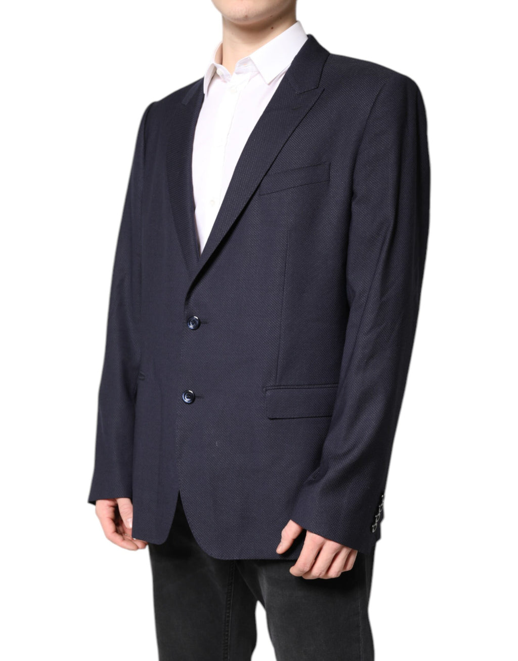 Manteau blazer en laine noire Dolce & Gabbana à boutonnière simple, élégant et ajusté, porté sur un mannequin.