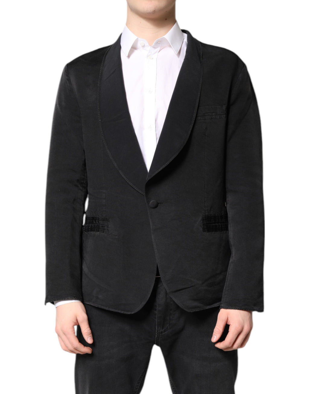 Manteau blazer noir en soie Dolce & Gabbana, coupe simple boutonnage devant, élégance classique et sophistiquée.