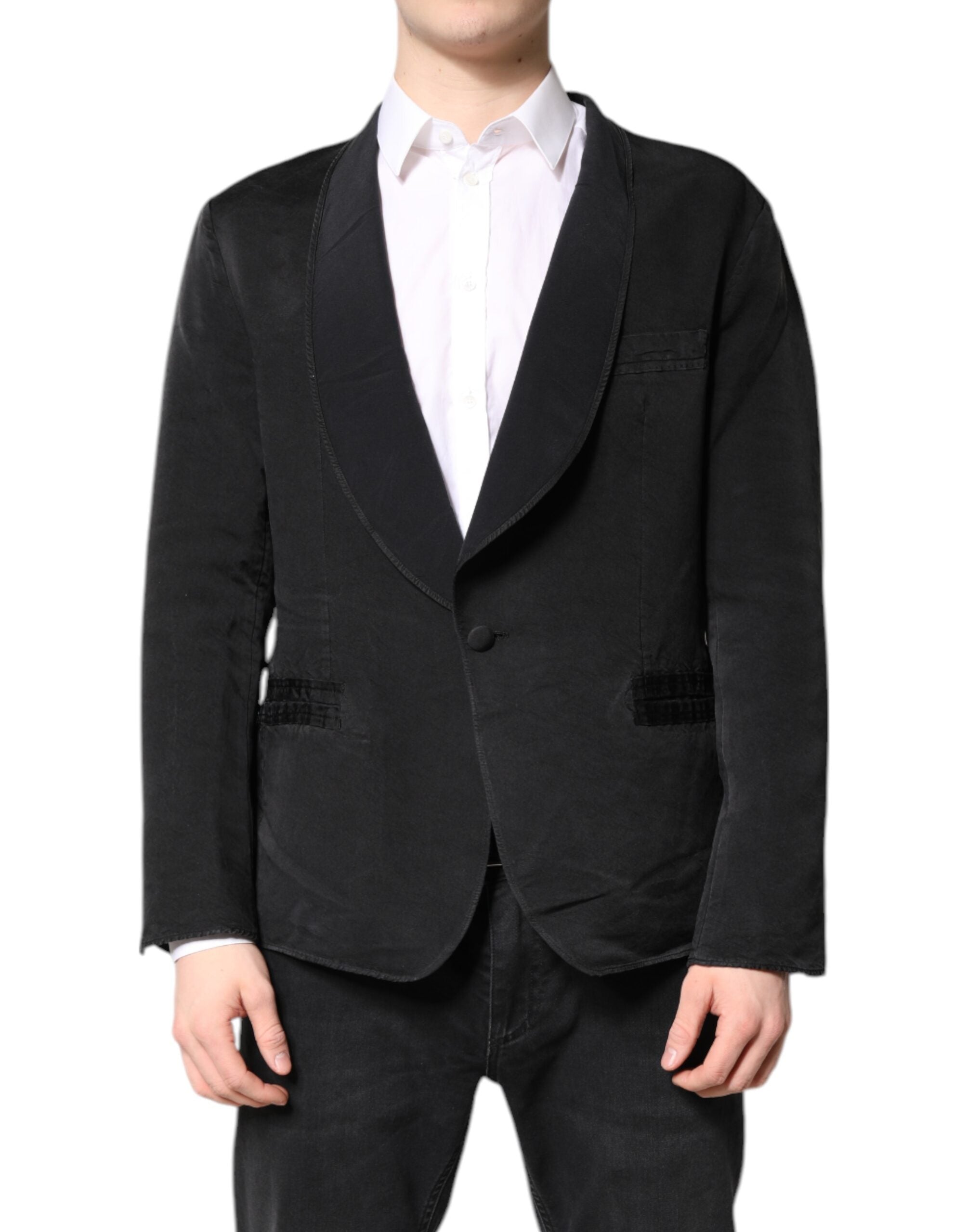 Manteau blazer noir en soie Dolce & Gabbana, coupe simple boutonnage single breasted, élégant et sophistiqué.