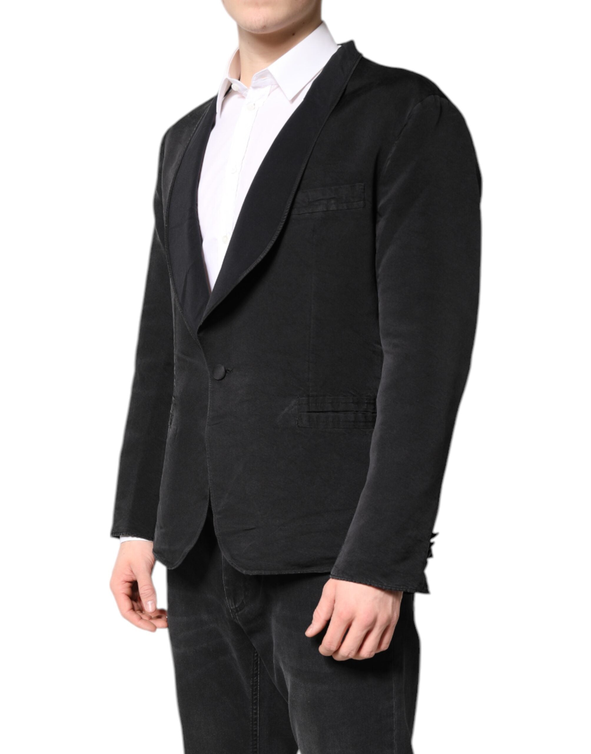 Manteau blazer en soie noire Dolce & Gabbana, coupe simple boutonnage unique, élégant et sophistiqué.