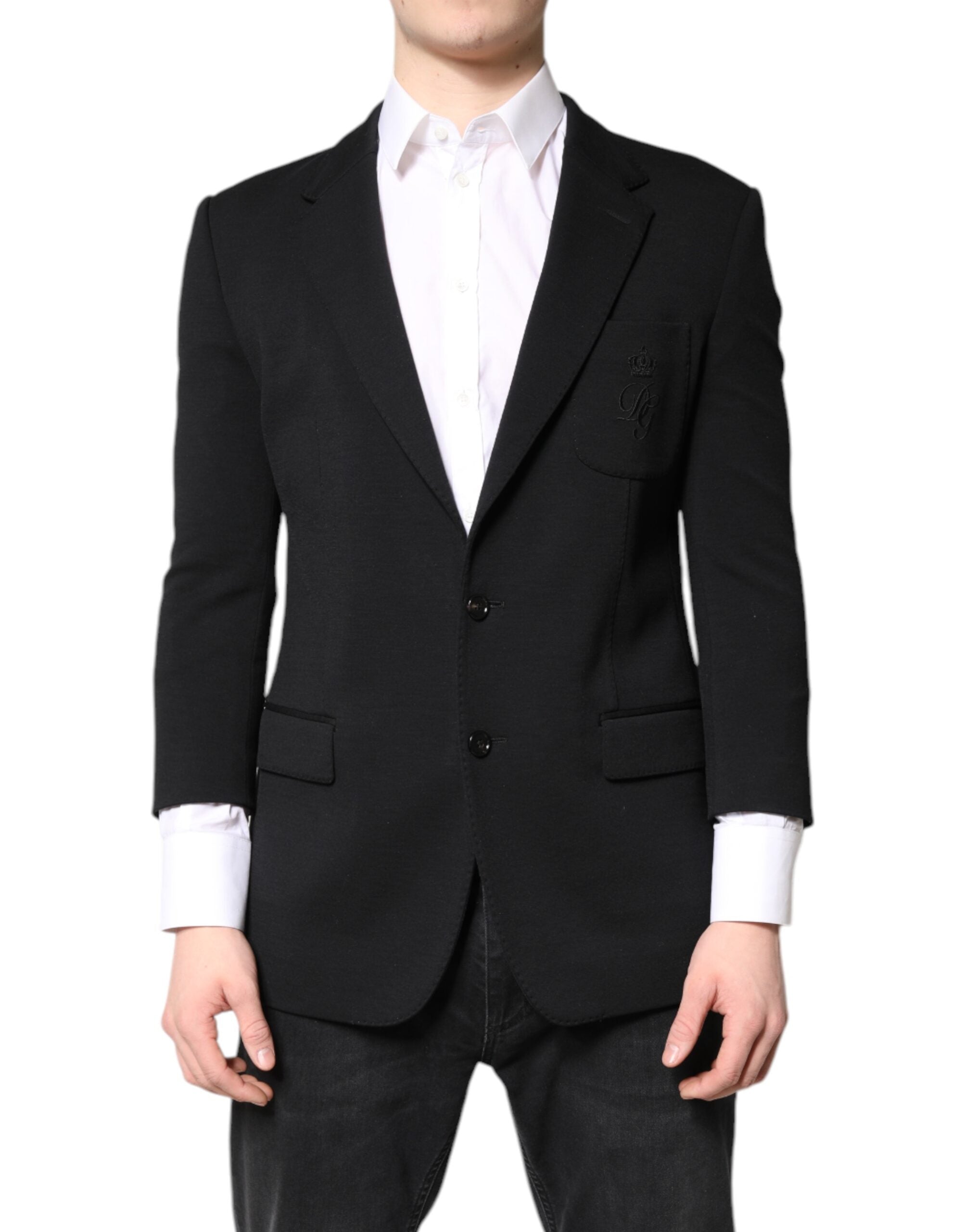 Manteau homme noir Dolce & Gabbana à un seul boutonnage, blazer élégant en tissu classique, vue de face.
