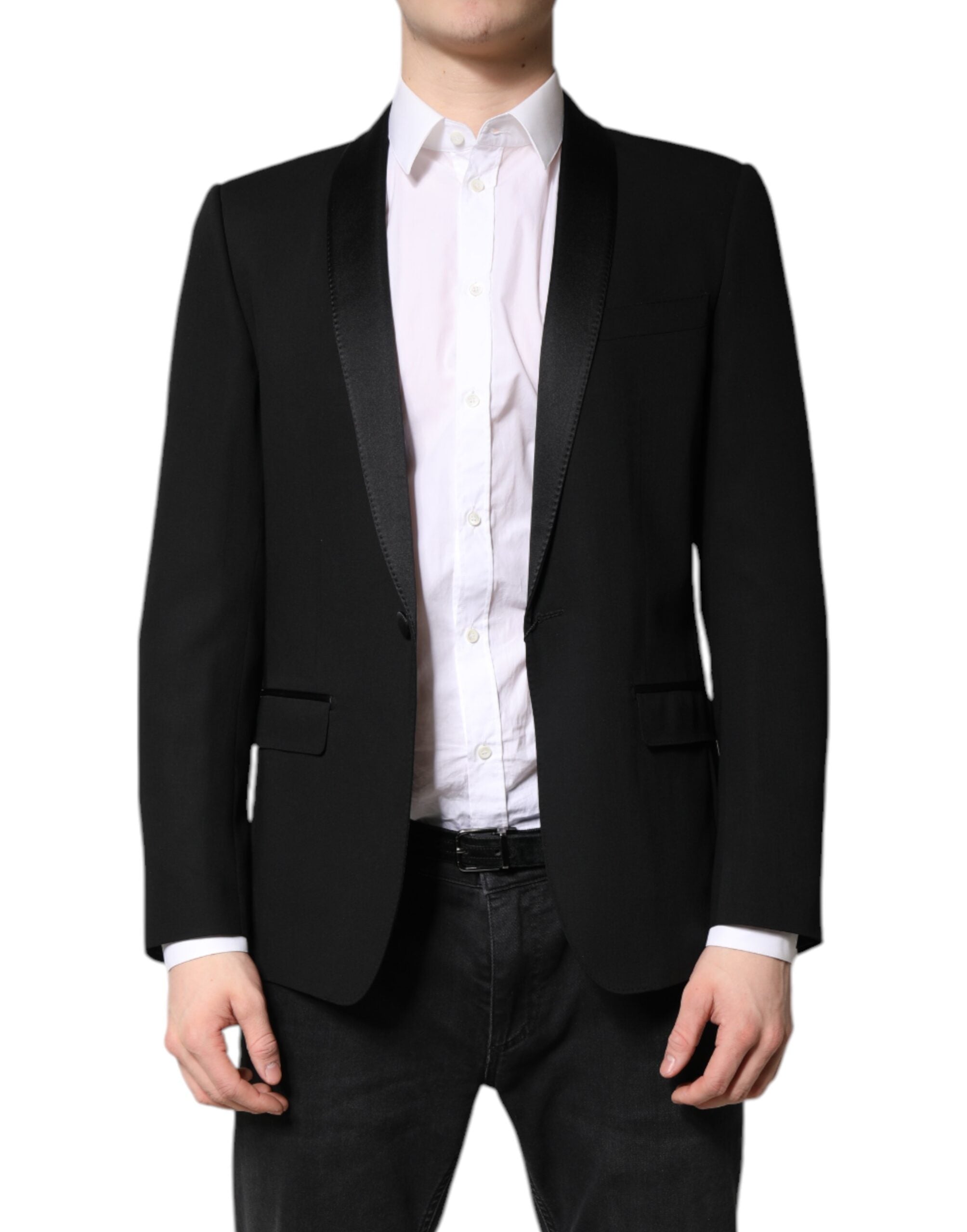 Manteau homme noir Dolce & Gabbana Martini blazer à un seul boutonnage, style élégant et classique, porté sur un mannequin.