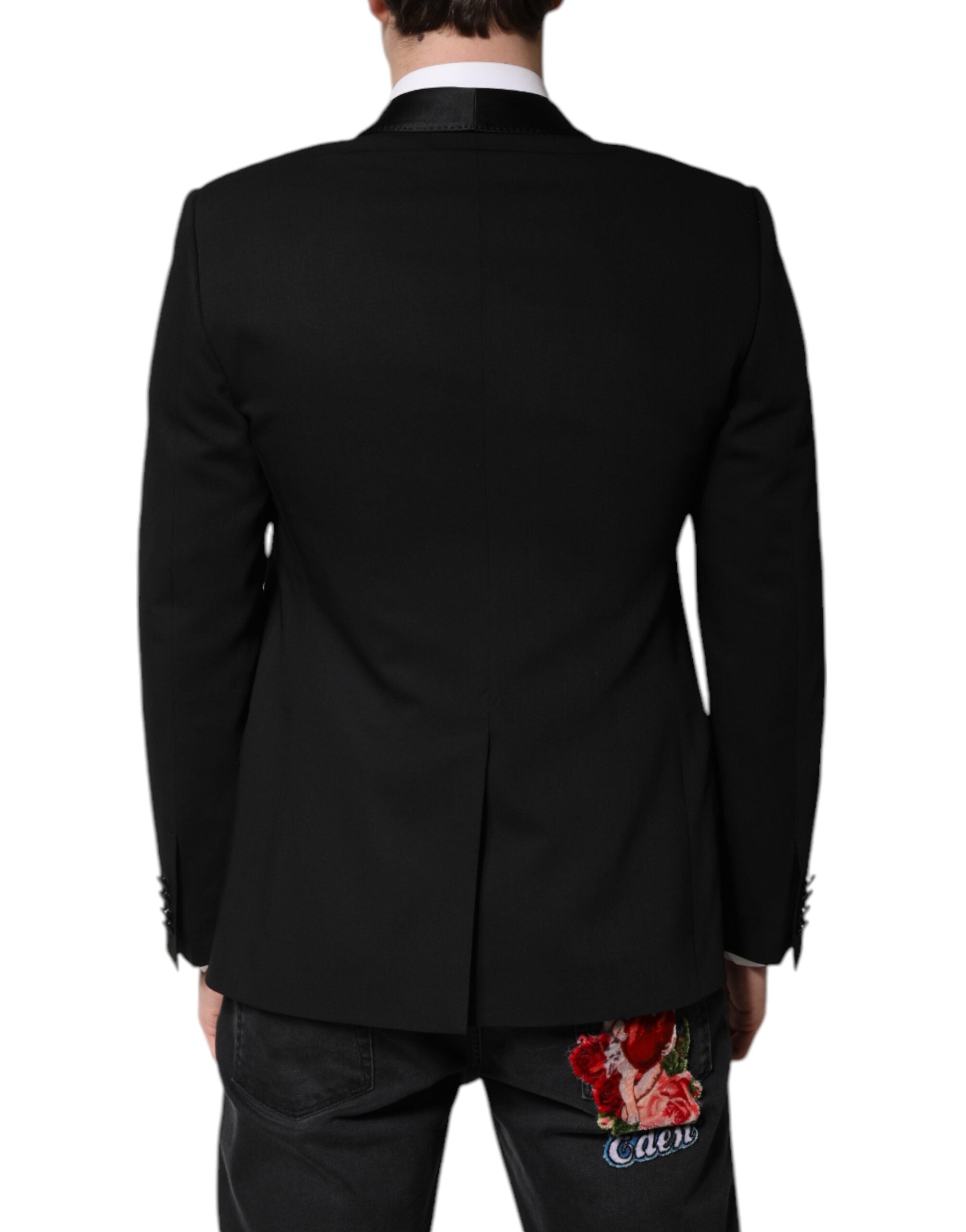 Manteau pour homme Dolce & Gabbana noir, blazer à un seul bouton et coupe classique, porté sur un mannequin.