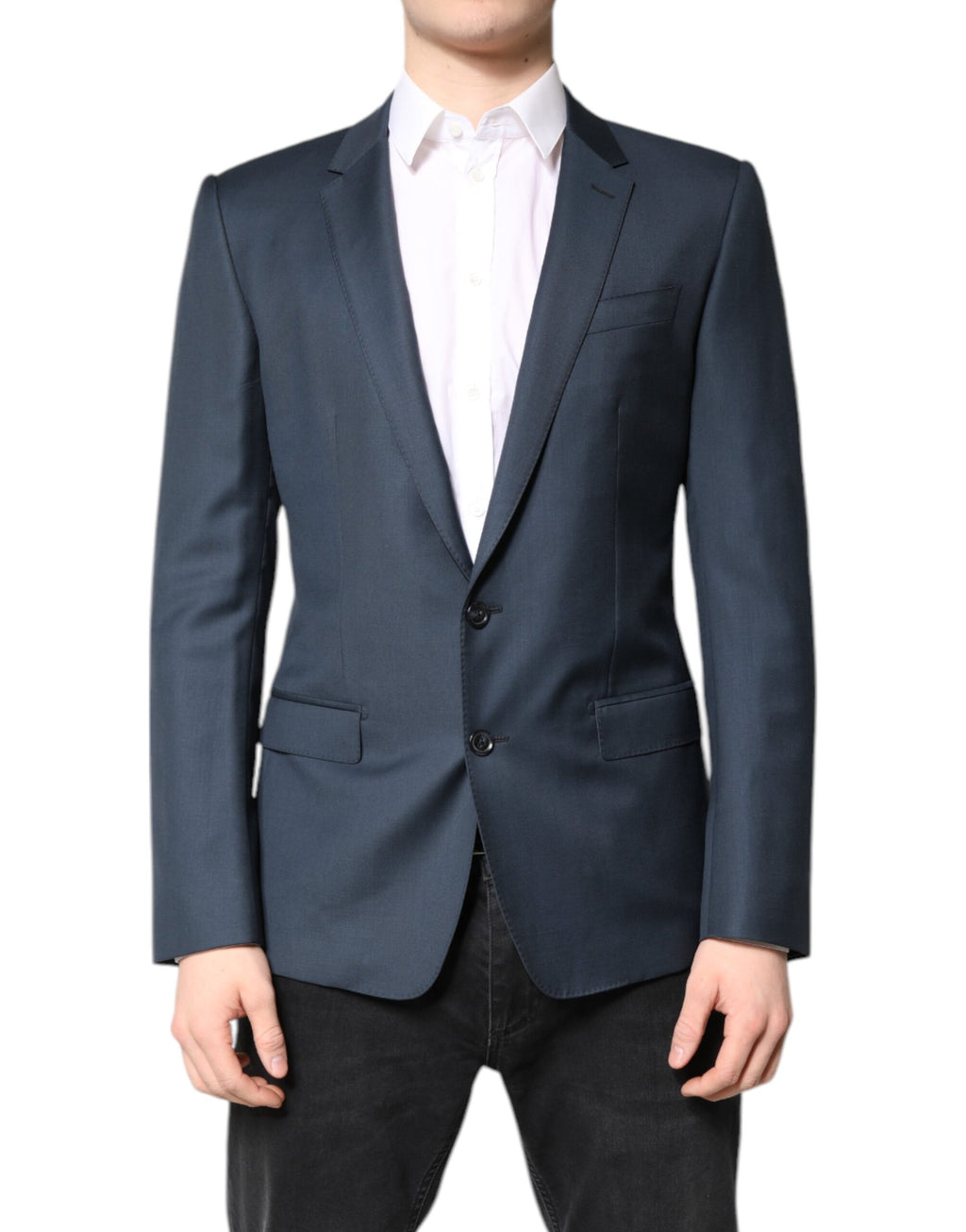 Manteau homme Dolce & Gabbana bleu à col revers, blazer Martini à un bouton, coupe classique et élégante.