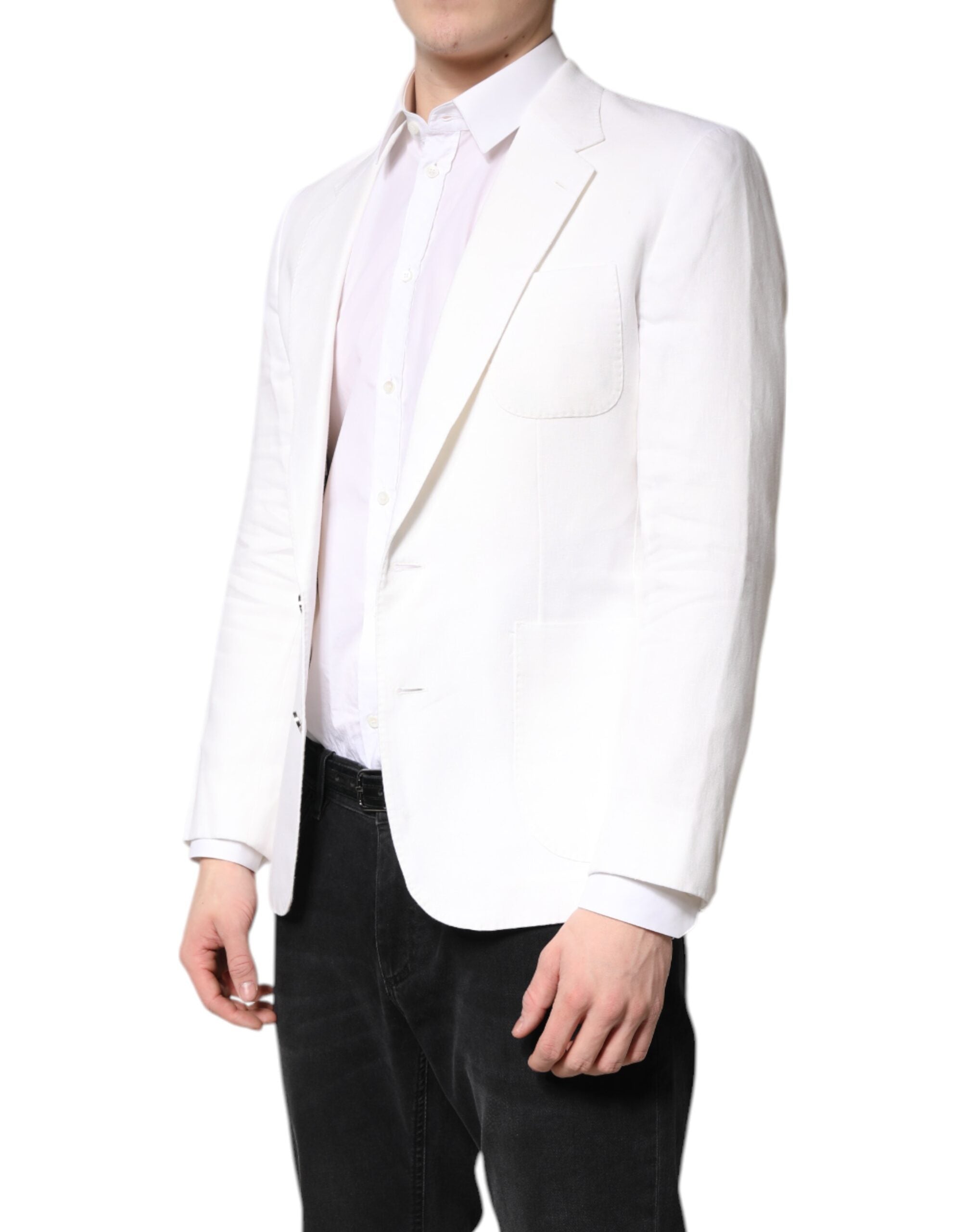 Manteau blazer pour homme Dolce & Gabbana blanc, à un seul bouton, style classique, en tissu élégant et sophistiqué.