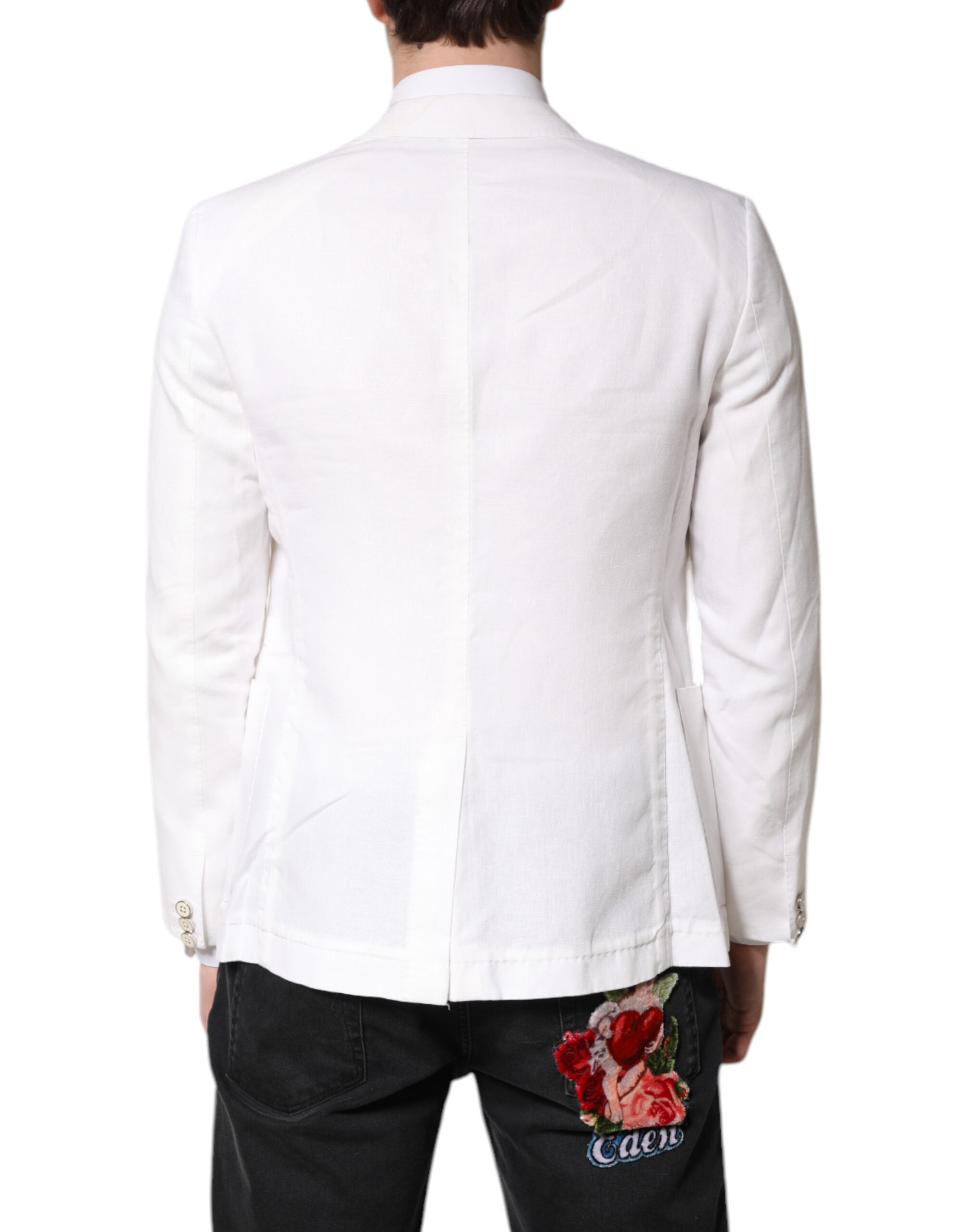 Costume homme blanc Dolce & Gabbana, blazer à double boutonnage, coupe élégante, tissu de qualité visible sur l'image.