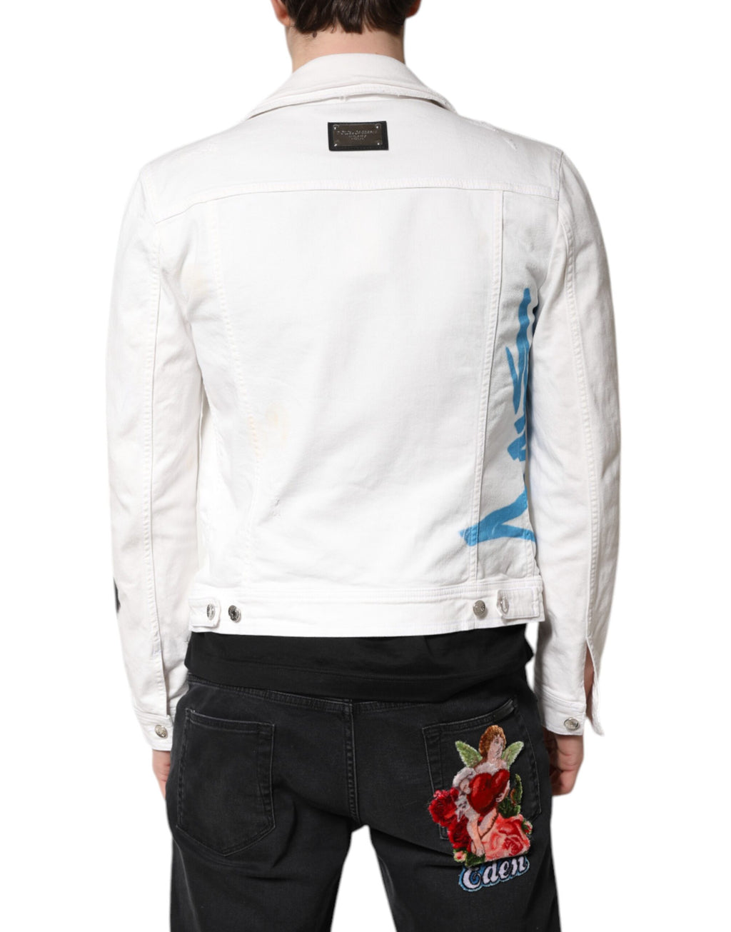 Veste en jean en coton stretch blanche Dolce & Gabbana avec motif graffiti, style moderne et tendance.