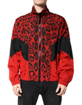 Veste bomber en nylon rouge à motif léopard Dolce & Gabbana avec fermeture éclair complète, style élégant et audacieux.