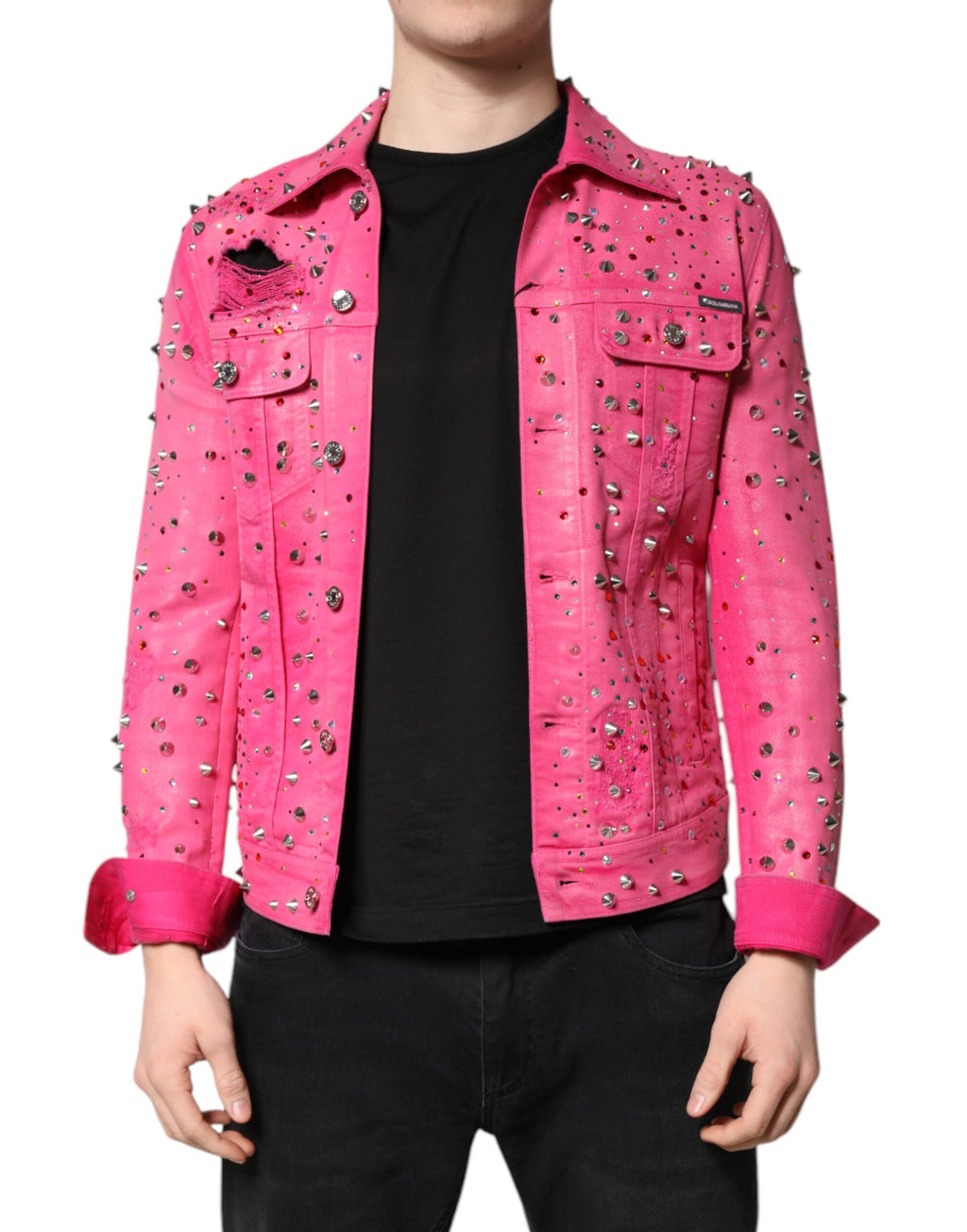 Veste en jean en coton rose Dolce & Gabbana avec embellissements en cristal, mode élégante et sophistiquée.