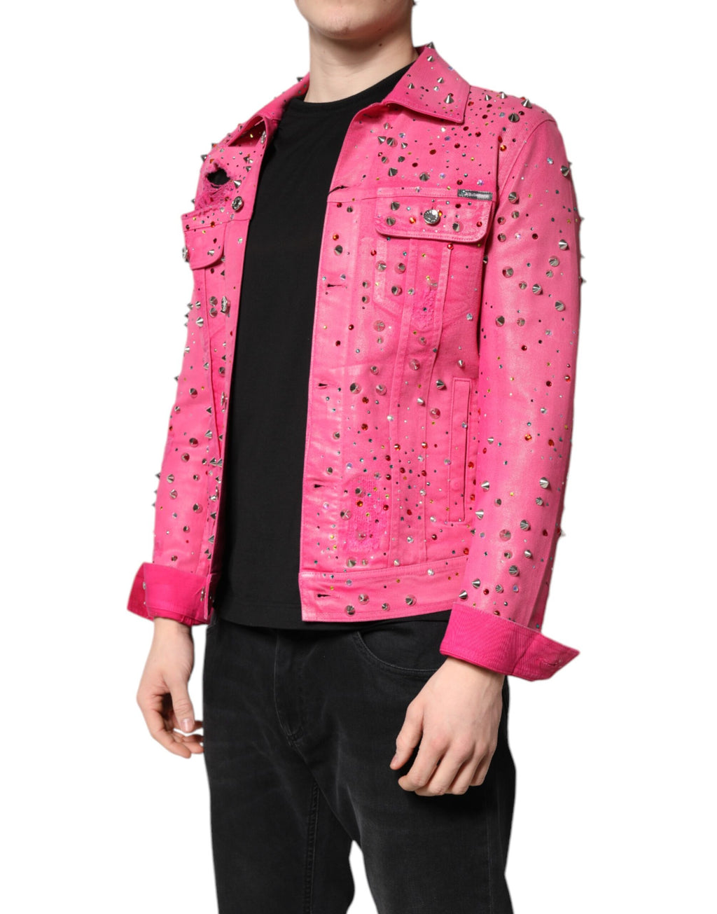 Veste en jean en coton rose Dolce & Gabbana ornée de cristaux brillants, mode élégante et sophistiquée.