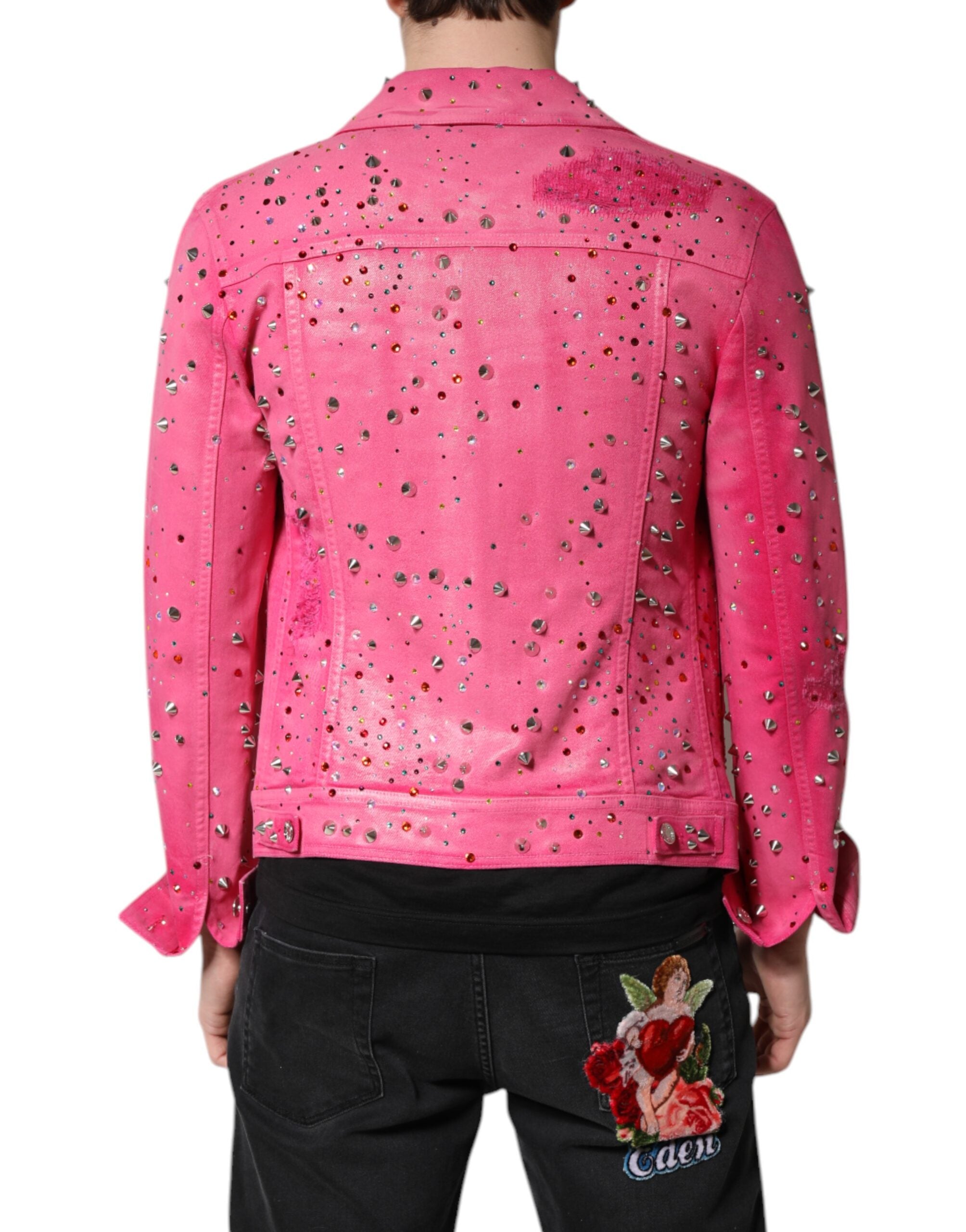 Veste en denim coton rose Dolce & Gabbana ornée de cristaux brillants, style élégant et tendance.