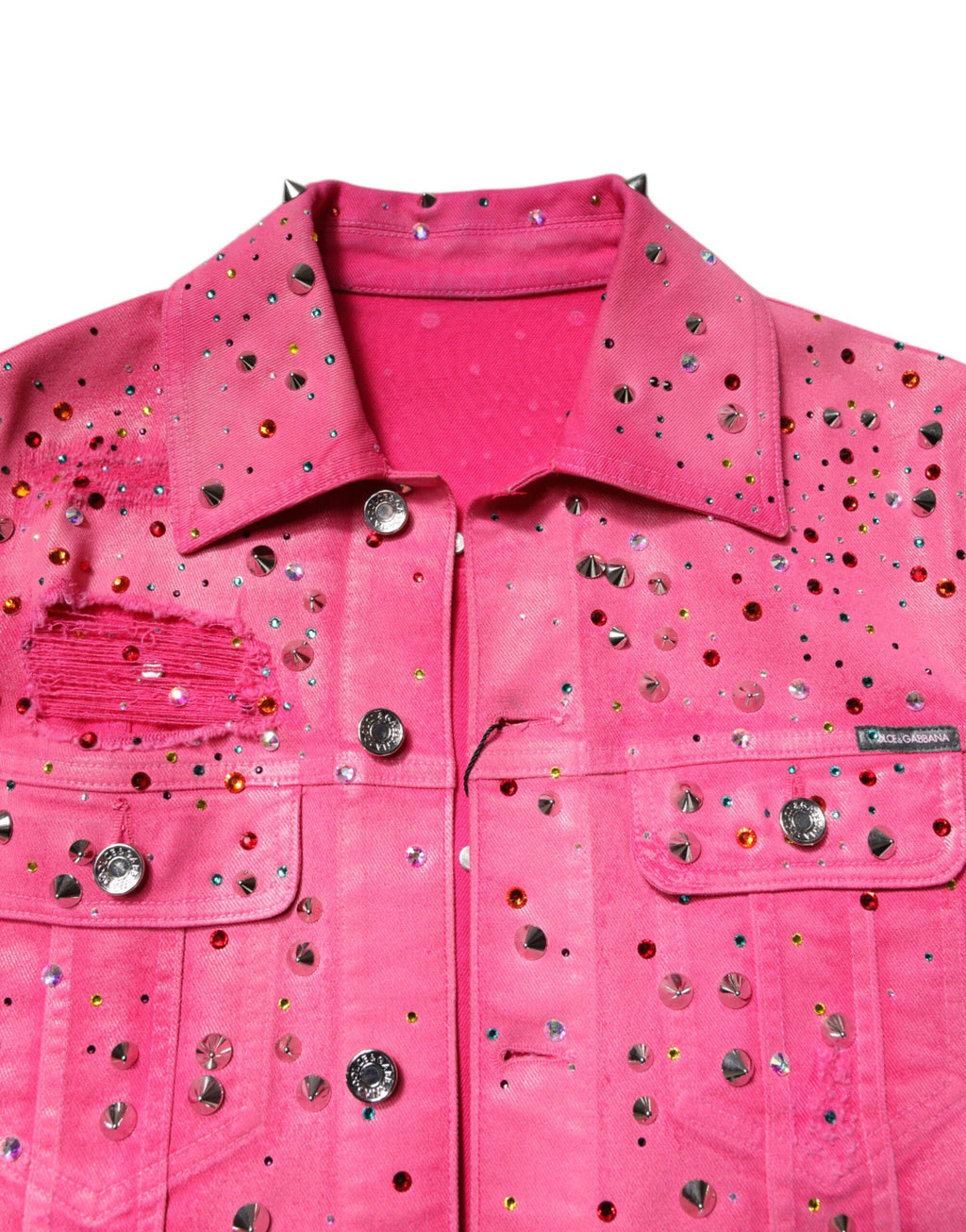 Veste en denim coton rose Dolce & Gabbana ornée de cristaux brillants, mode élégante et raffinée pour femmes.